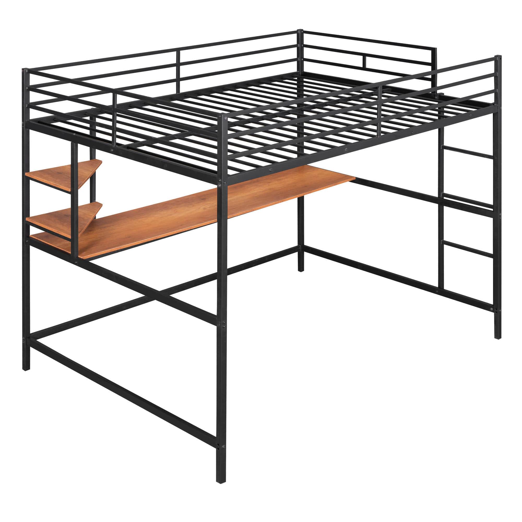 Full Size Metal Loft Bed with Desk and Shelves for Kids, Adults, Teens