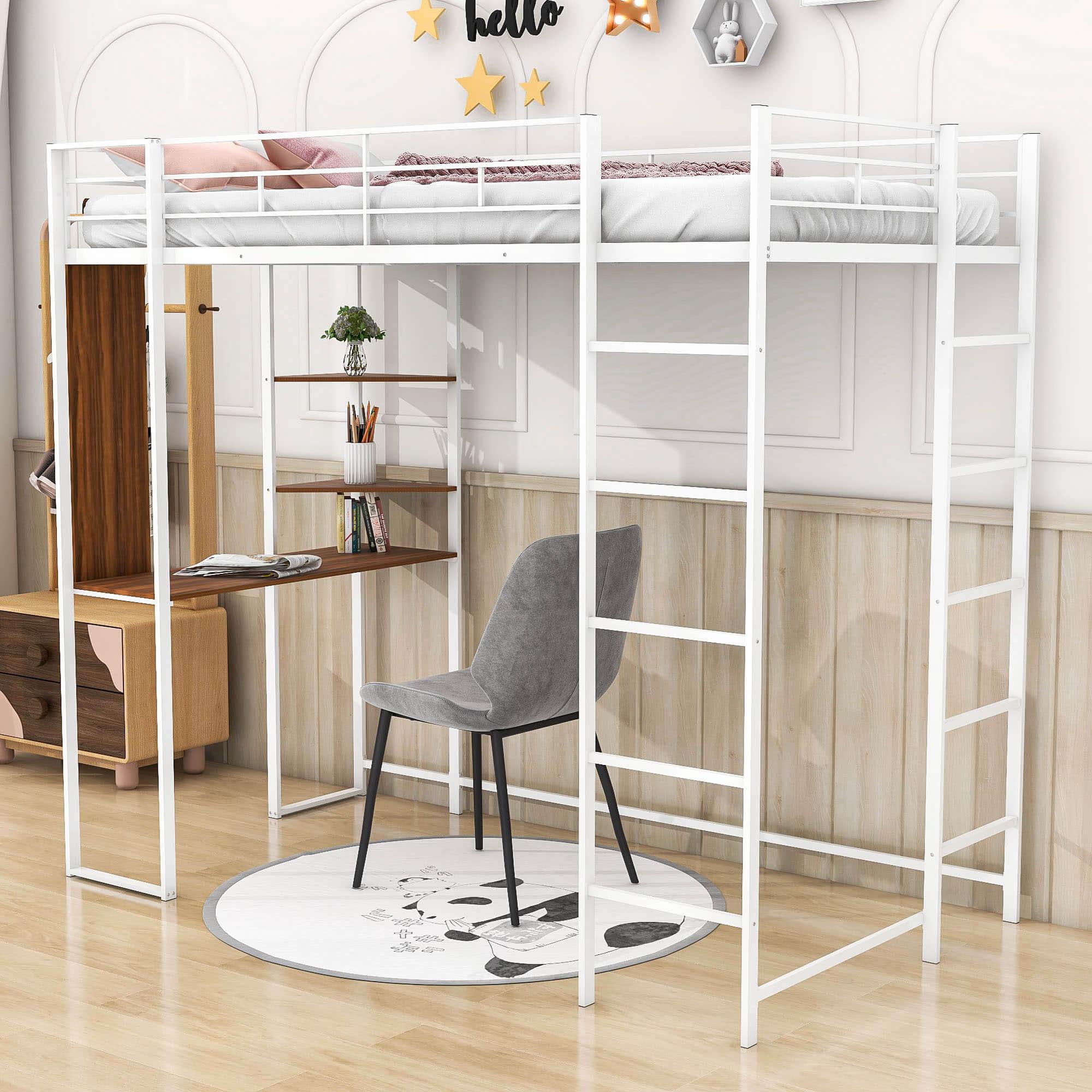 Metal Twin Loft Bed with Desk and Storage Shelves for Teens, Junior, Adult