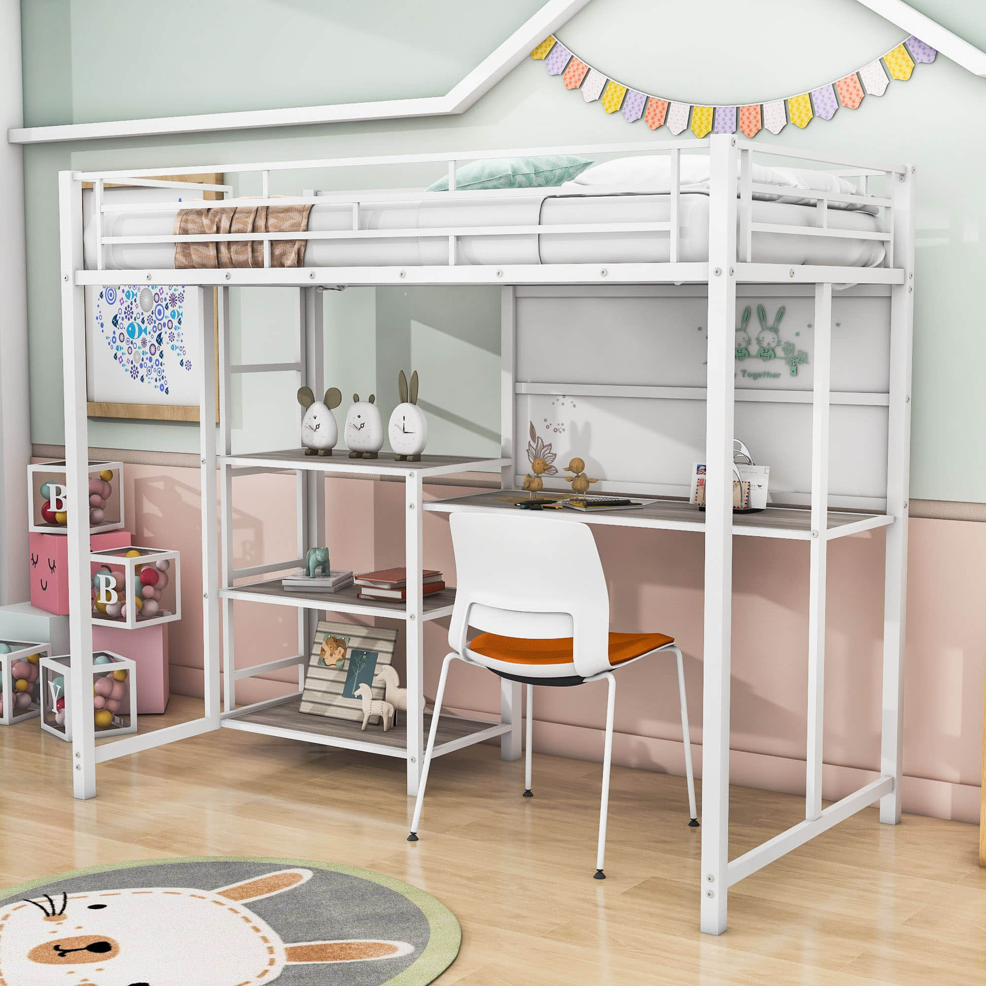 Metal Twin Loft Bed with Desk and Storage Shelves for Adults, Kids