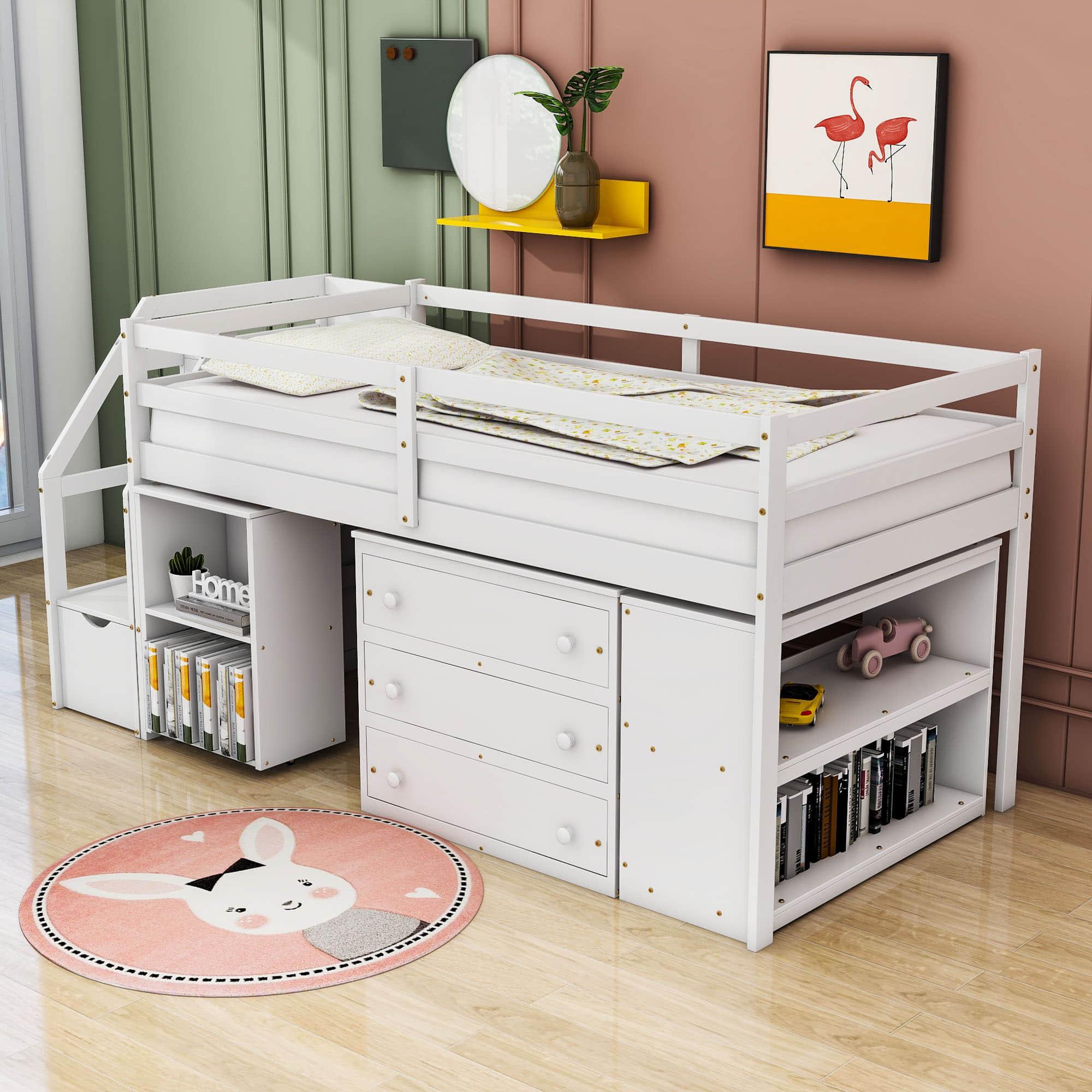 Low Twin Kids Loft Bed with Desk and Stairs, Storage - [Dresser]