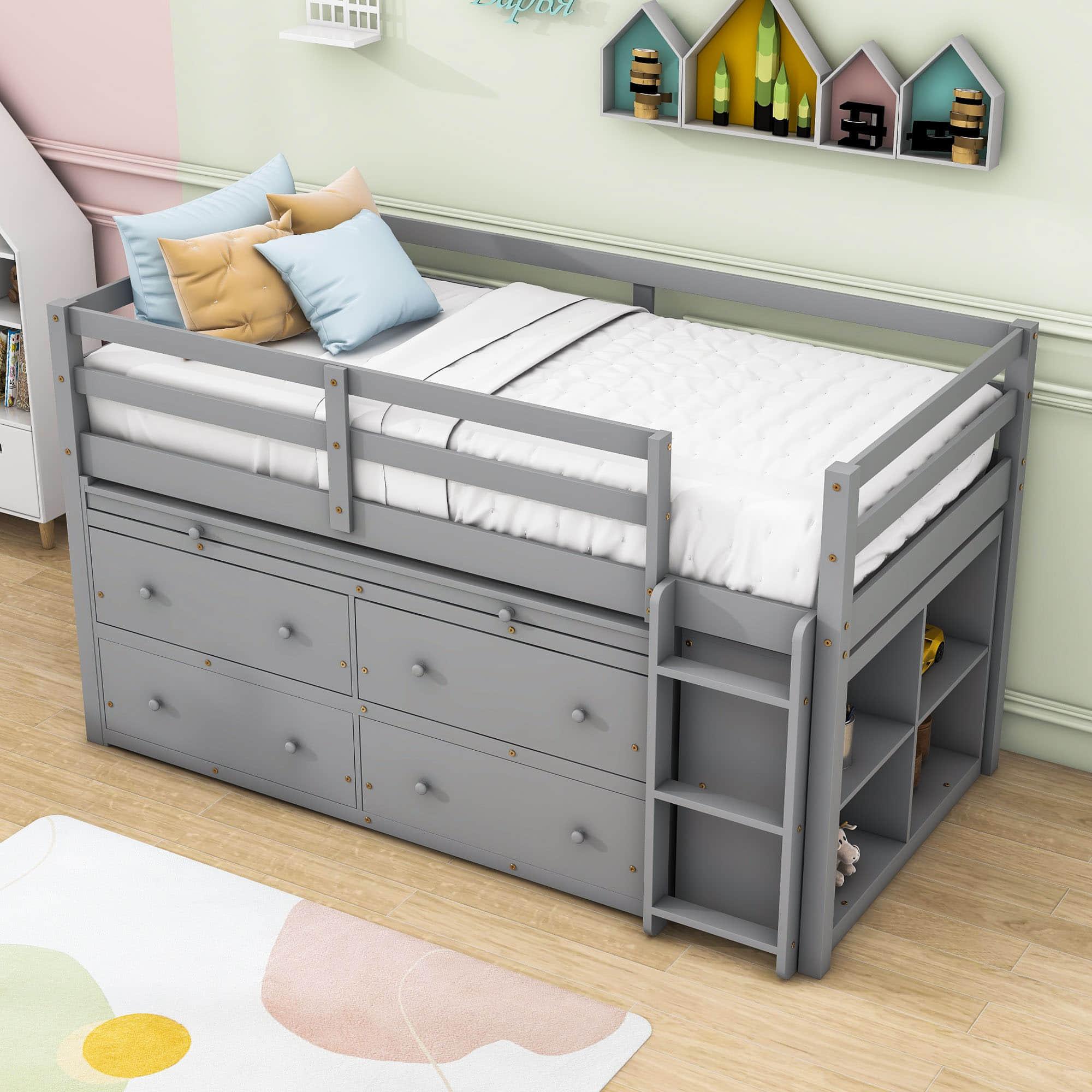 Low Twin Loft Bed with Desk and Storage Drawers for Kids, Toddler