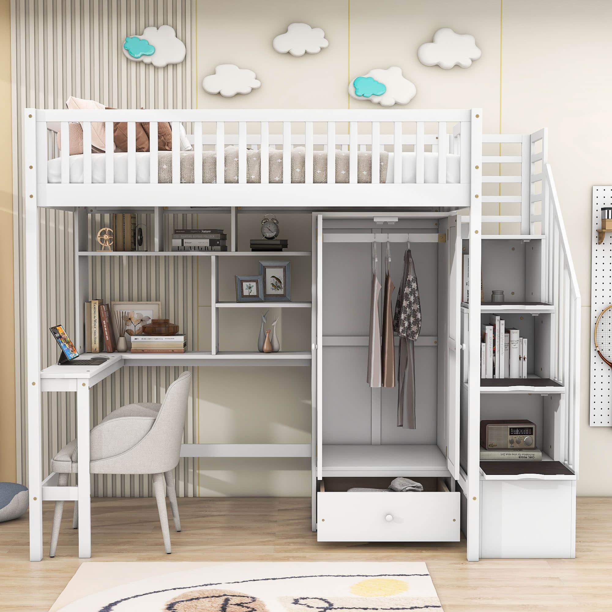 Twin Loft Bed with Desk and Storage Stairs - [Wood, Cabinet, Wardrobe, Shelves]