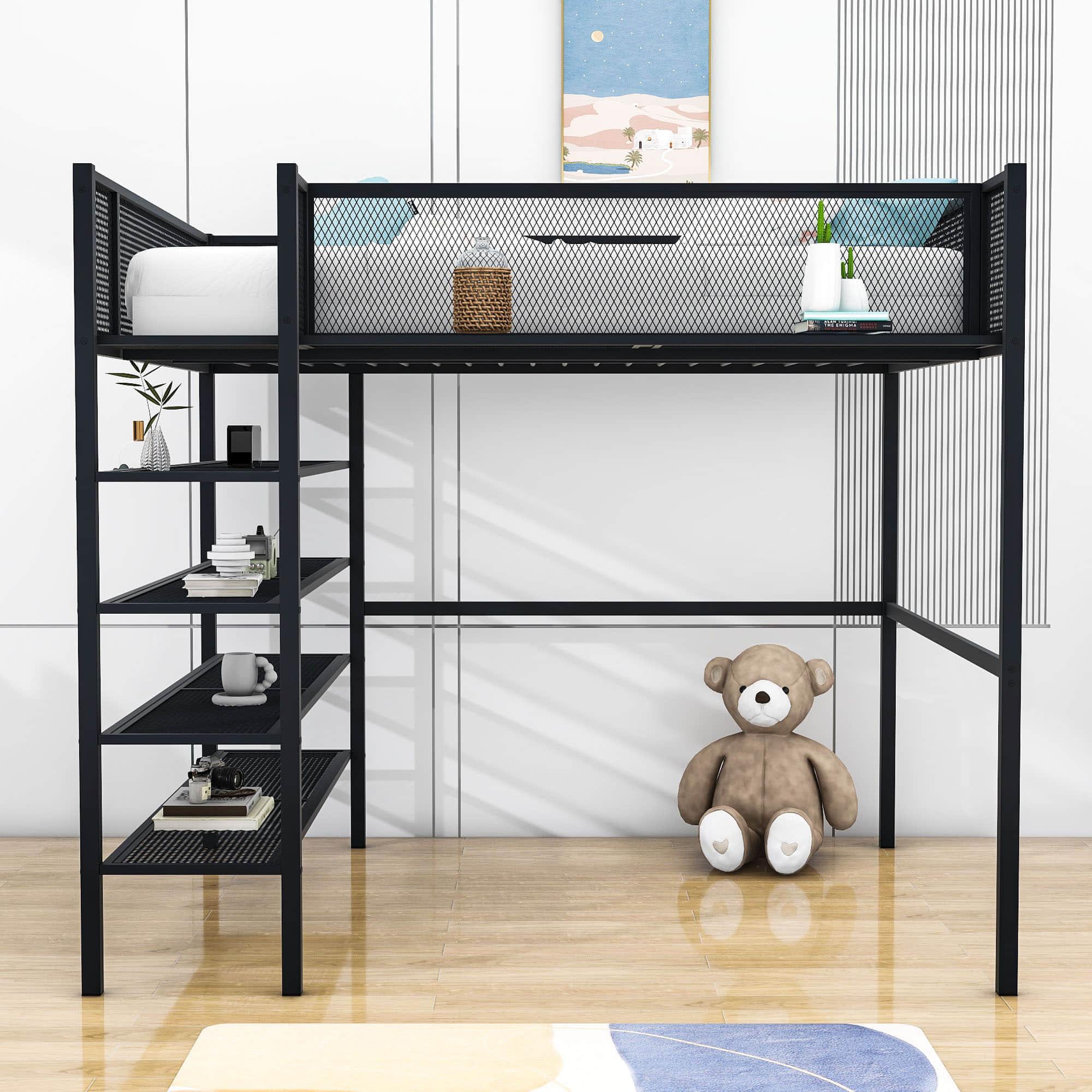 Modern Metal Full Size Loft Bed with Storage Shelves for Adult, Junior