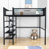 Modern Metal Full Size Loft Bed with Storage Shelves for Adult, Junior