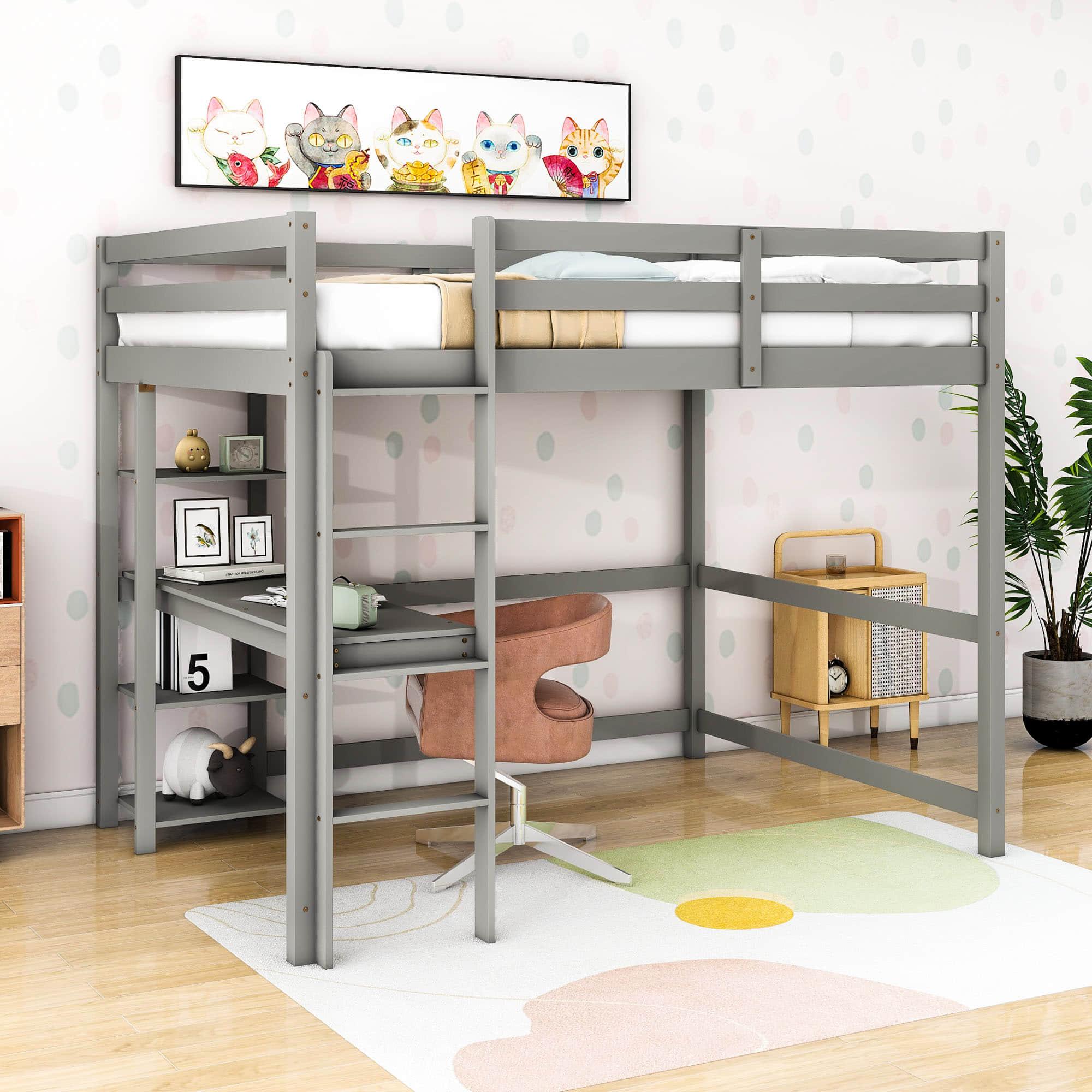 Wood Full Size Loft Bed with Desk and Storage Shelves for Kids, Teens