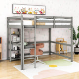 Wood Full Size Loft Bed with Desk and Storage Shelves for Kids, Teens