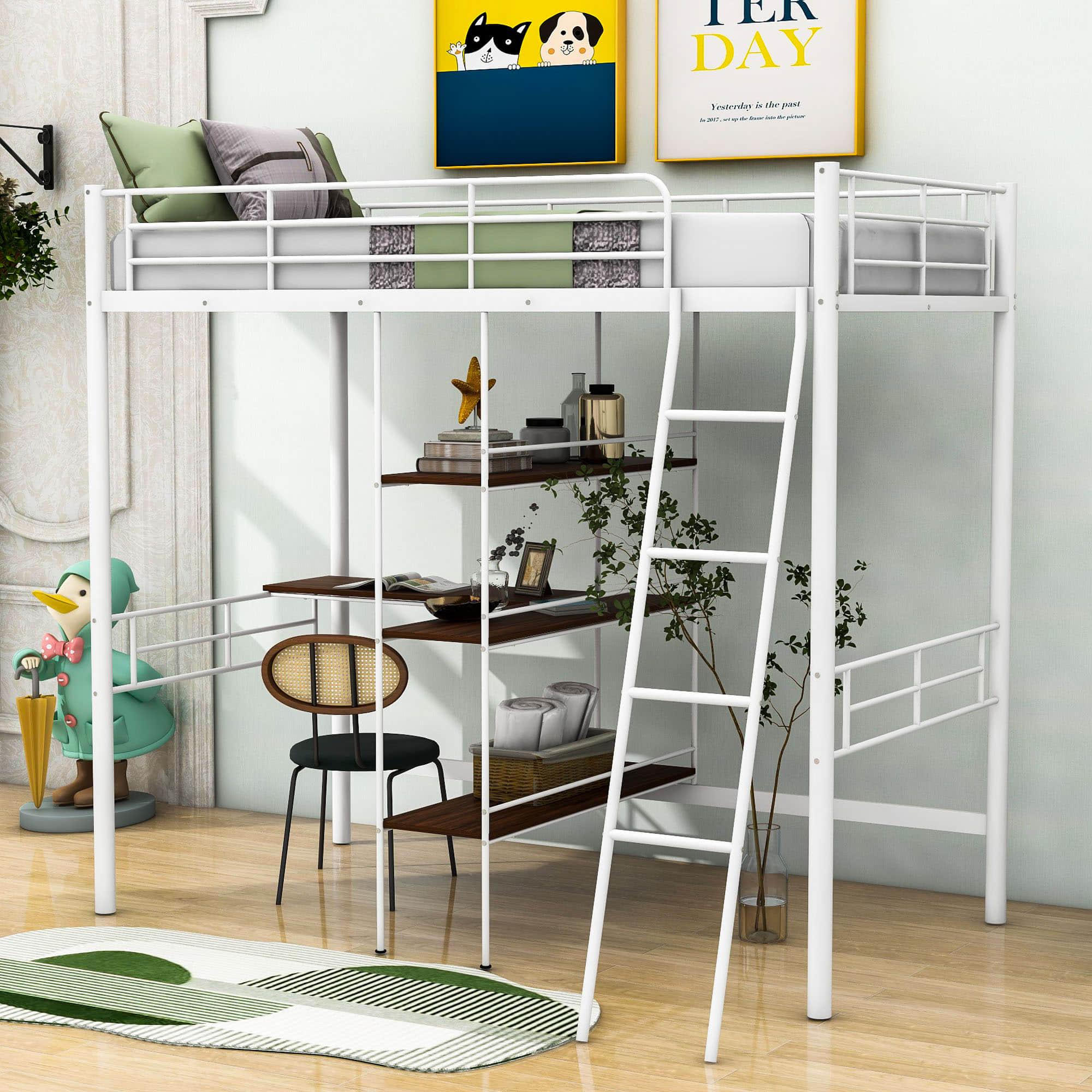 Metal Twin Loft Bed with Desk and Storage Shelves - [Wood]