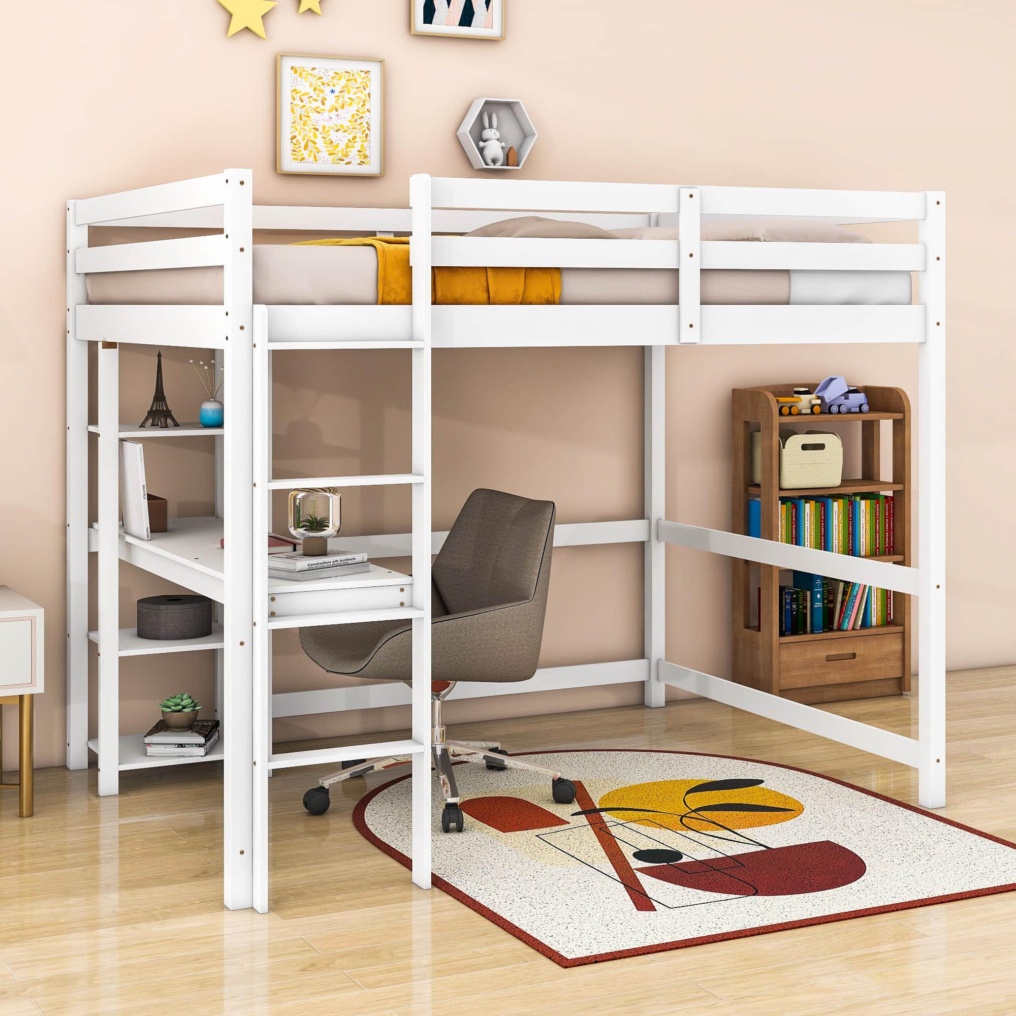 Wood Full Size Loft Bed with Desk and Storage Shelves for Kids, Teens