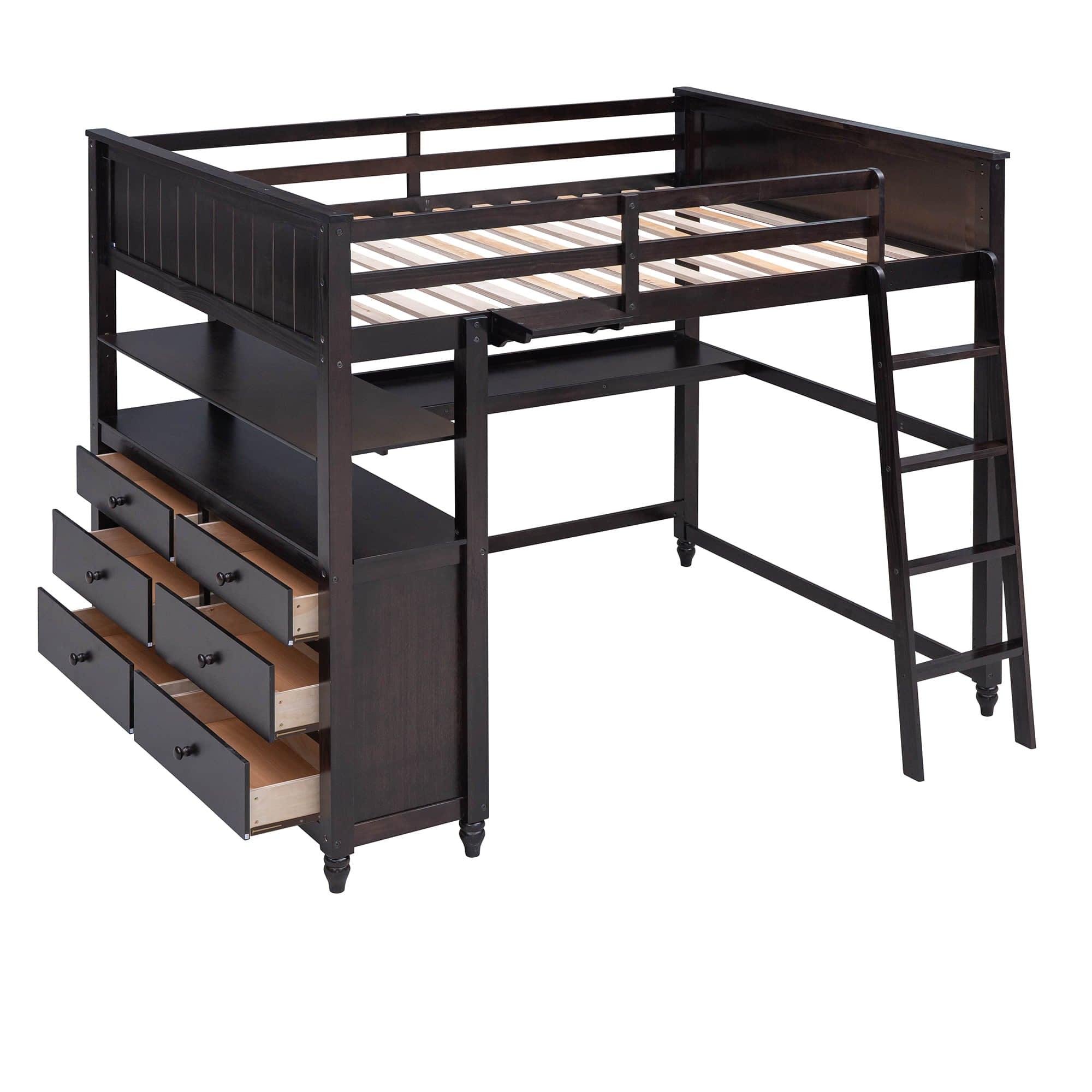 Full Size Loft Bed with Desk and Storage Dresser for Adult, Kids - [Wood, Drawers, Shelves]