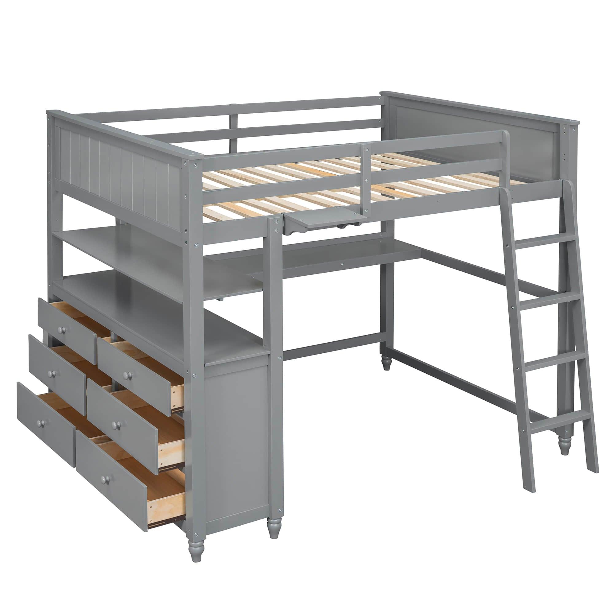 Full Size Loft Bed with Desk and Storage Dresser for Adult, Kids - [Wood, Drawers, Shelves]