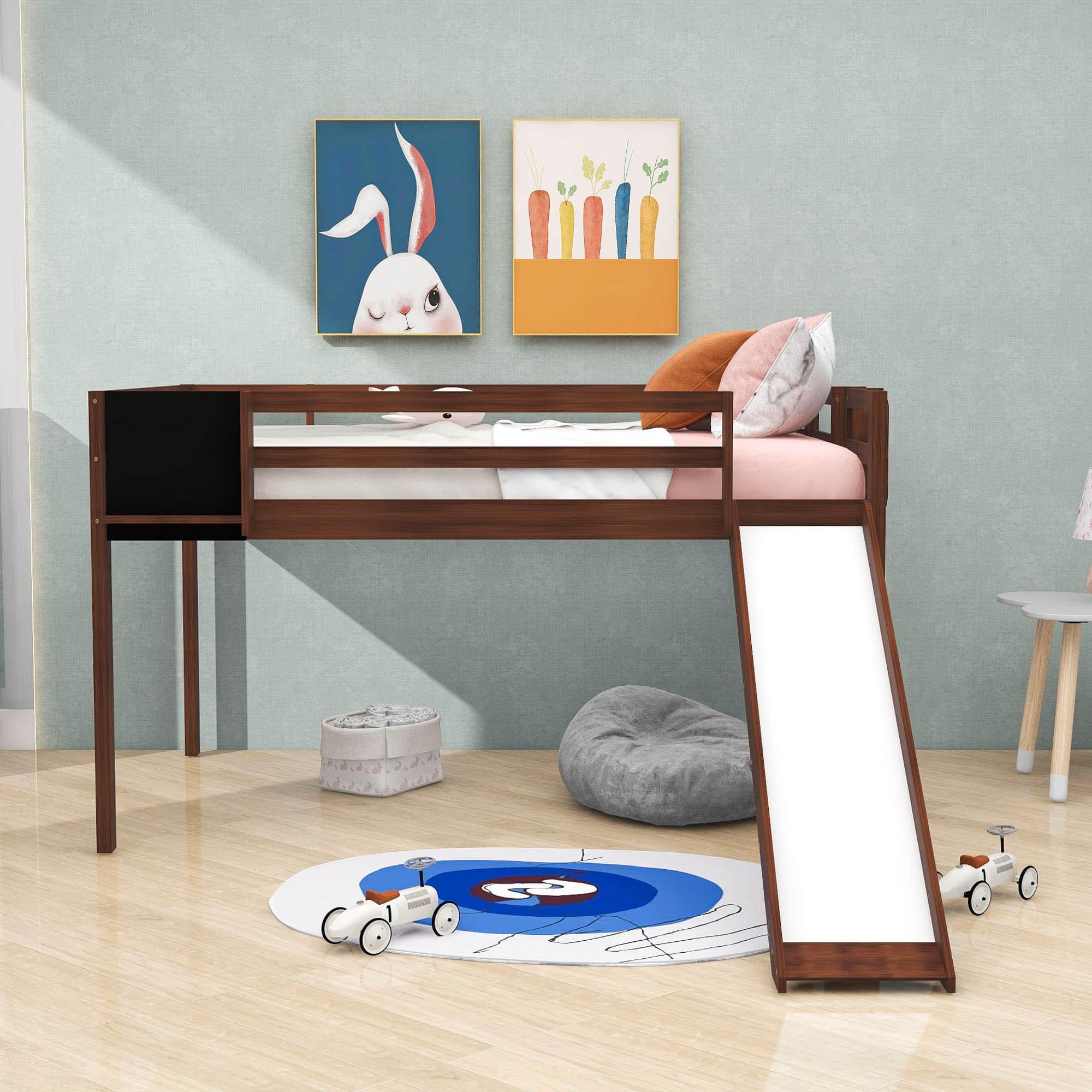 Full Size Scandinavian Convertible Low Loft Bed with Slide and Chalkboard for Kids - [Ladder, Wood]