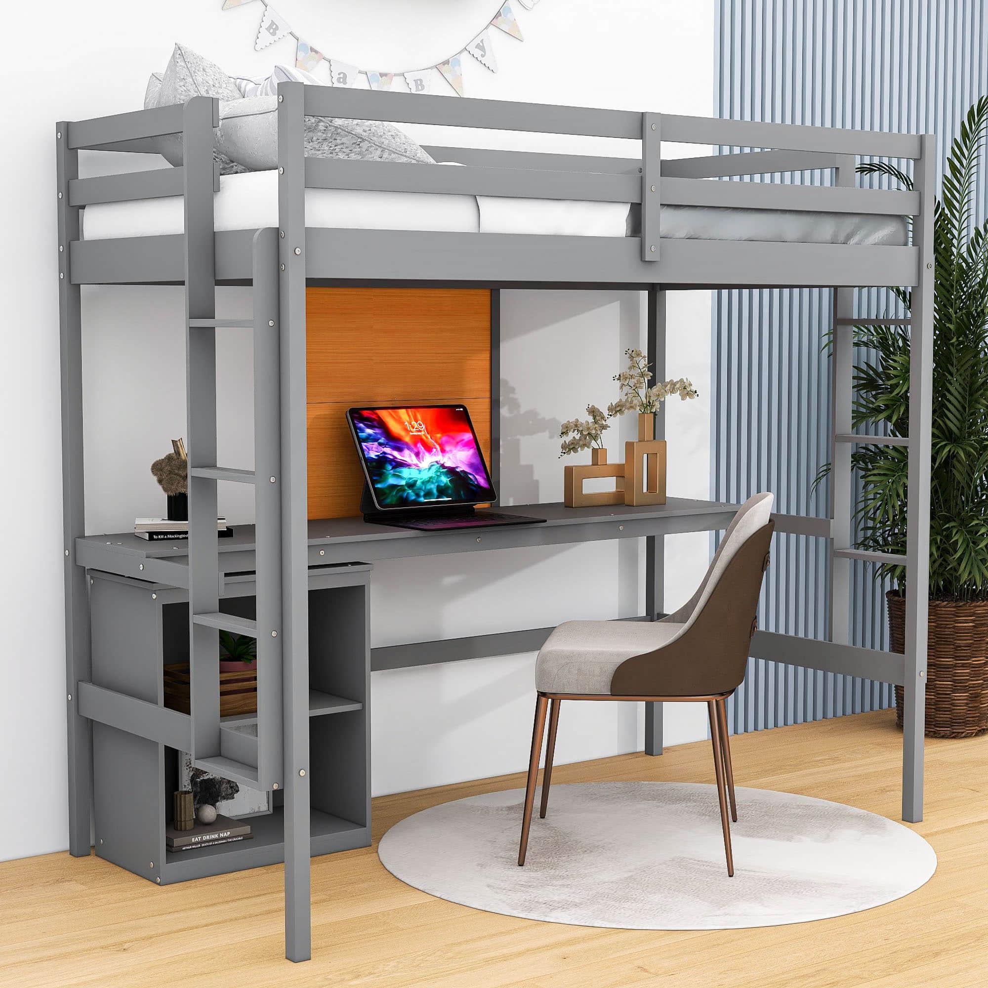 Wood Twin Loft Bed with Desk and Storage for Adults, Kids - [Cabinet]