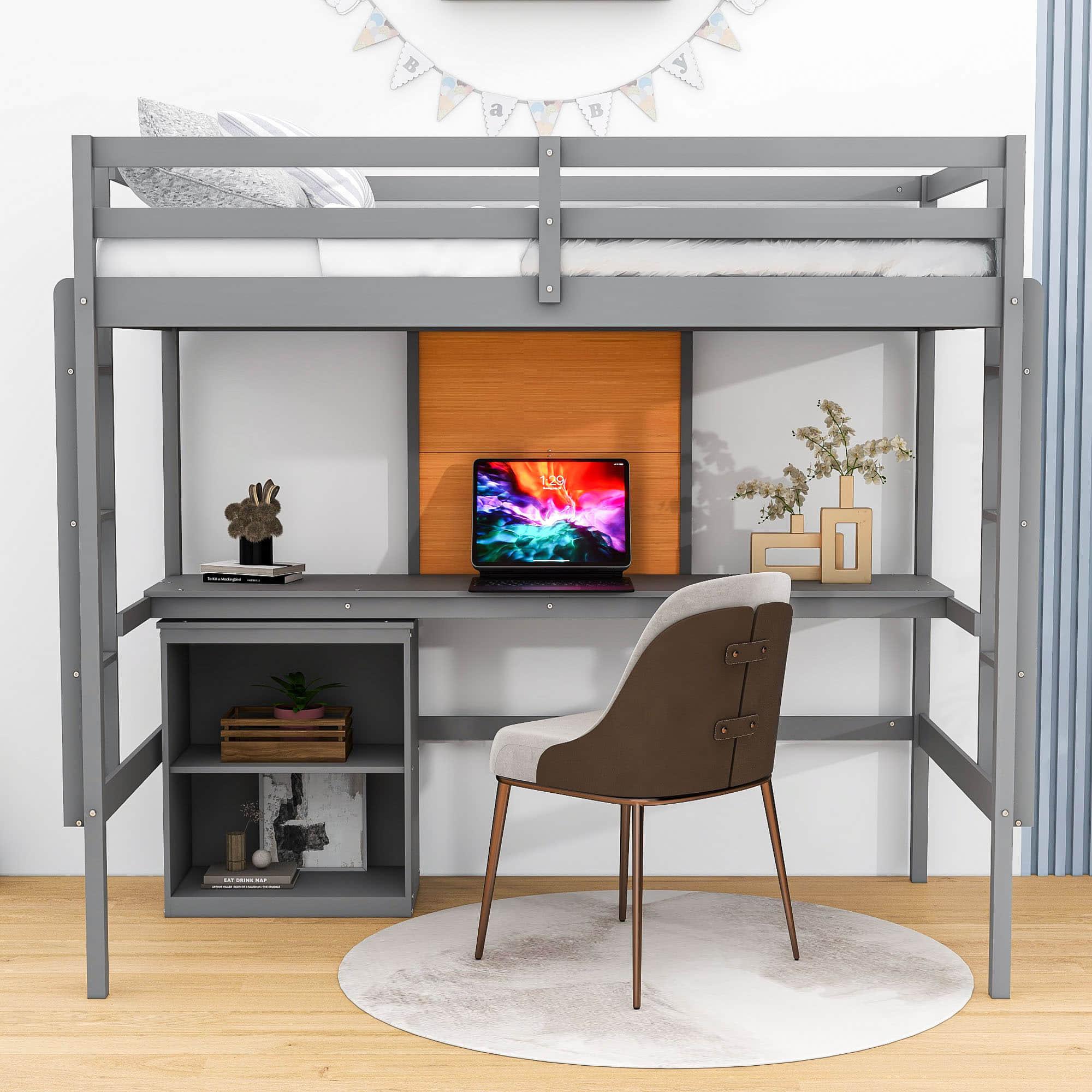 Wood Twin Loft Bed with Desk and Storage for Adults, Kids - [Cabinet]