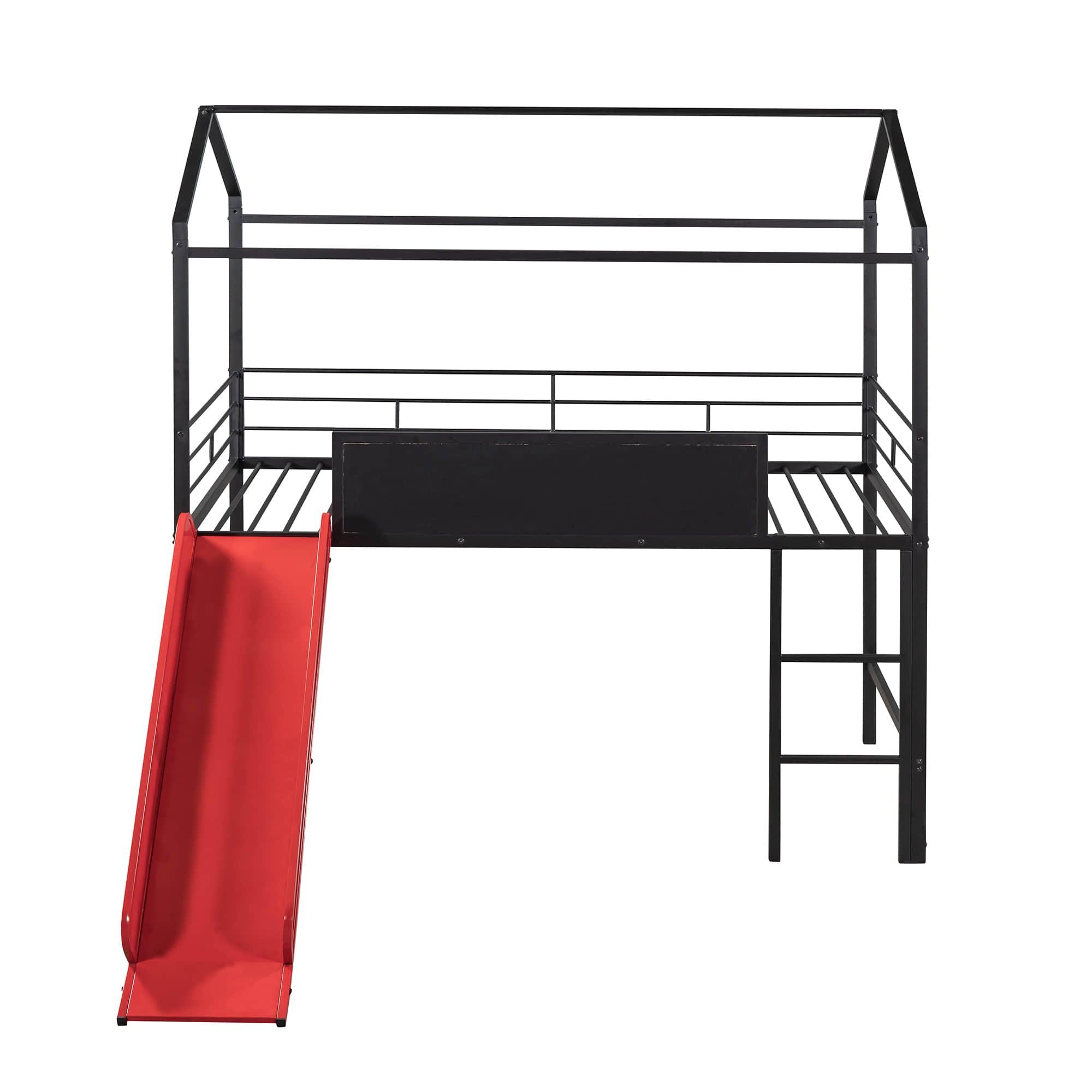 Low Metal Twin Playhouse Loft Bed with Slide, Chalkboard for Kids, Junior