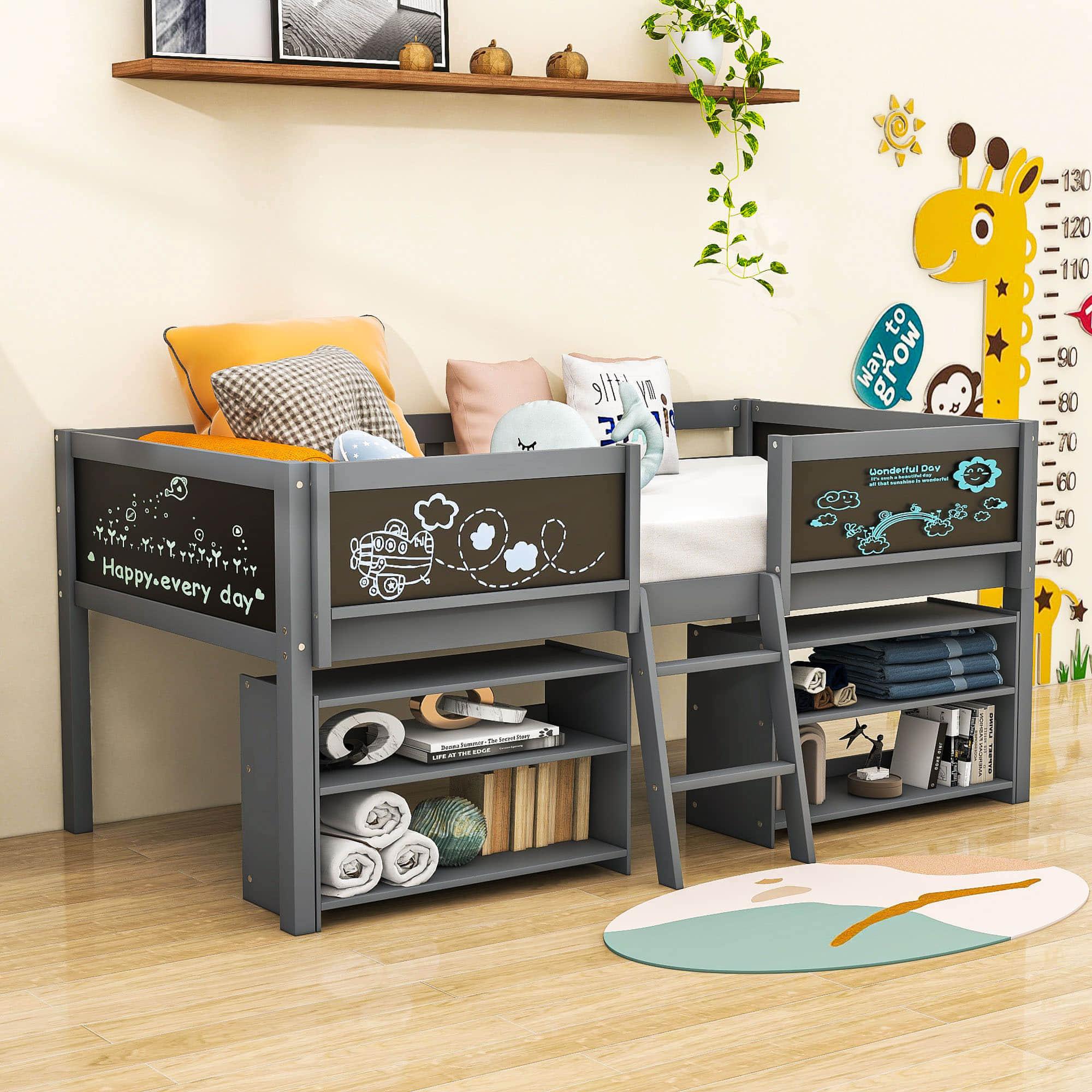 Wooden Low Twin Loft Bed with Detachable Storage Shelves for Kids Toddler