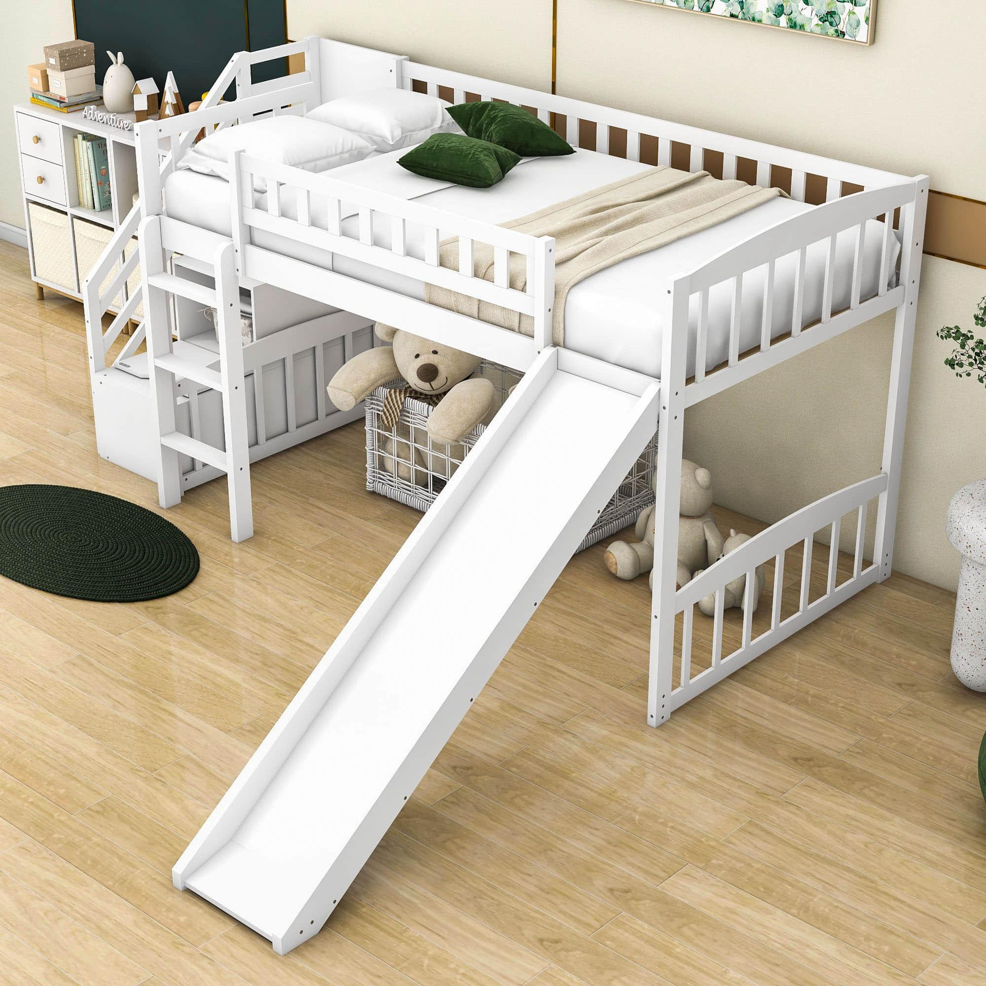 Low Twin Loft Bed with Storage Stairs and Slide - [Wood, Interchangeable]