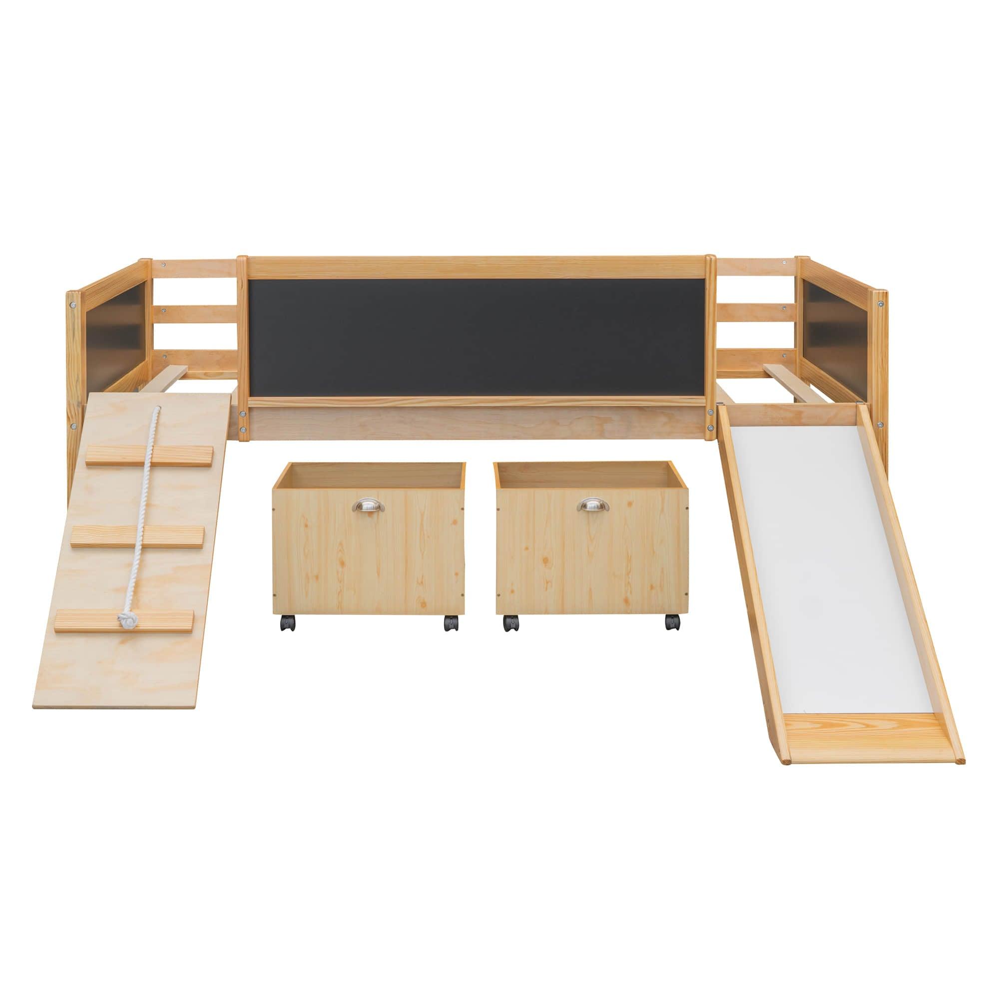 Low Kids Twin Loft Bed with Slide and Storage Boxes, Blackboard