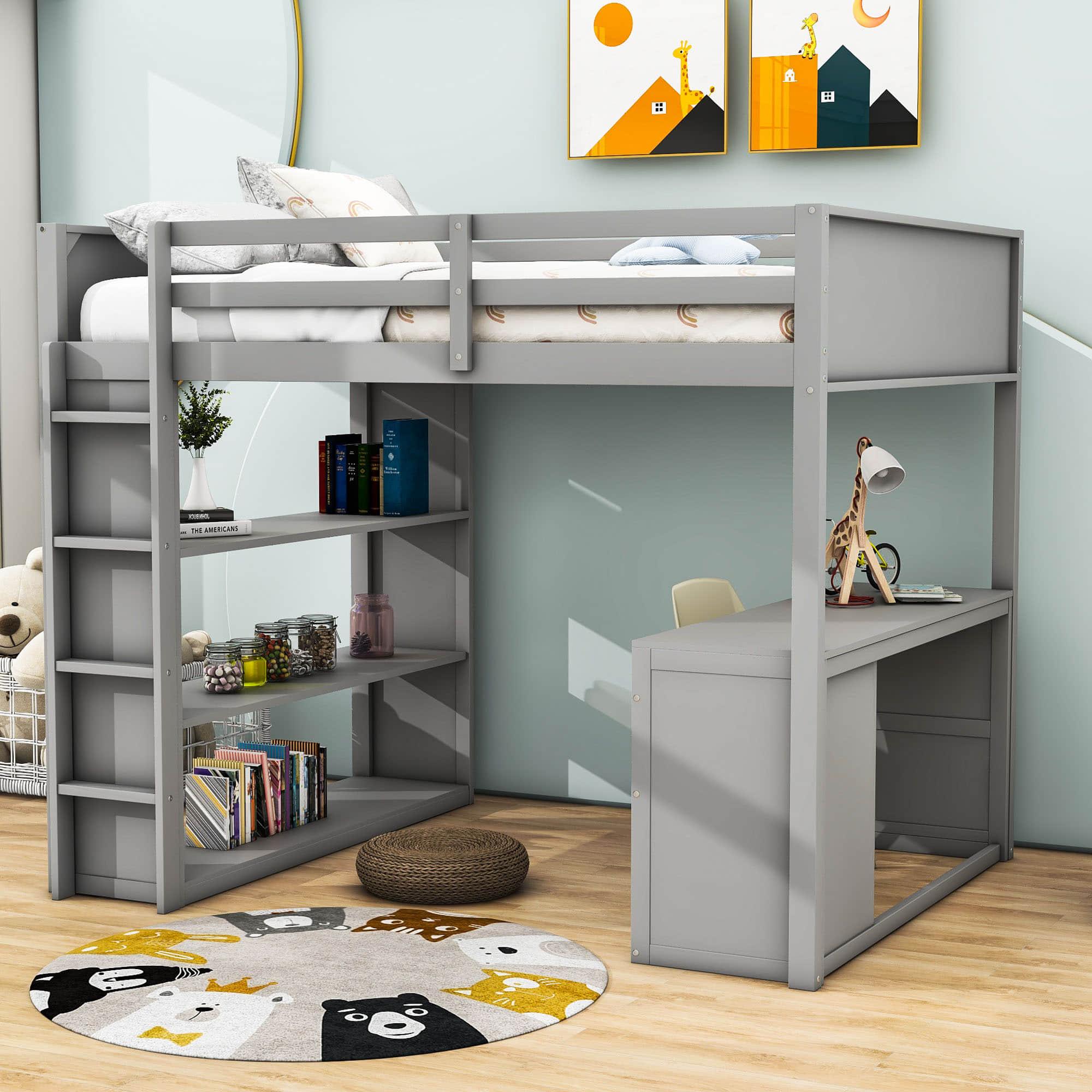 Full Size Loft Bed with Desk and Storage Drawers, Shelves for Adults, Kids - [Wood]