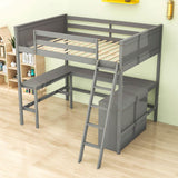 Full Size Convertible High Loft Bed with Desk and Shelves - [Cabinet, Wood]