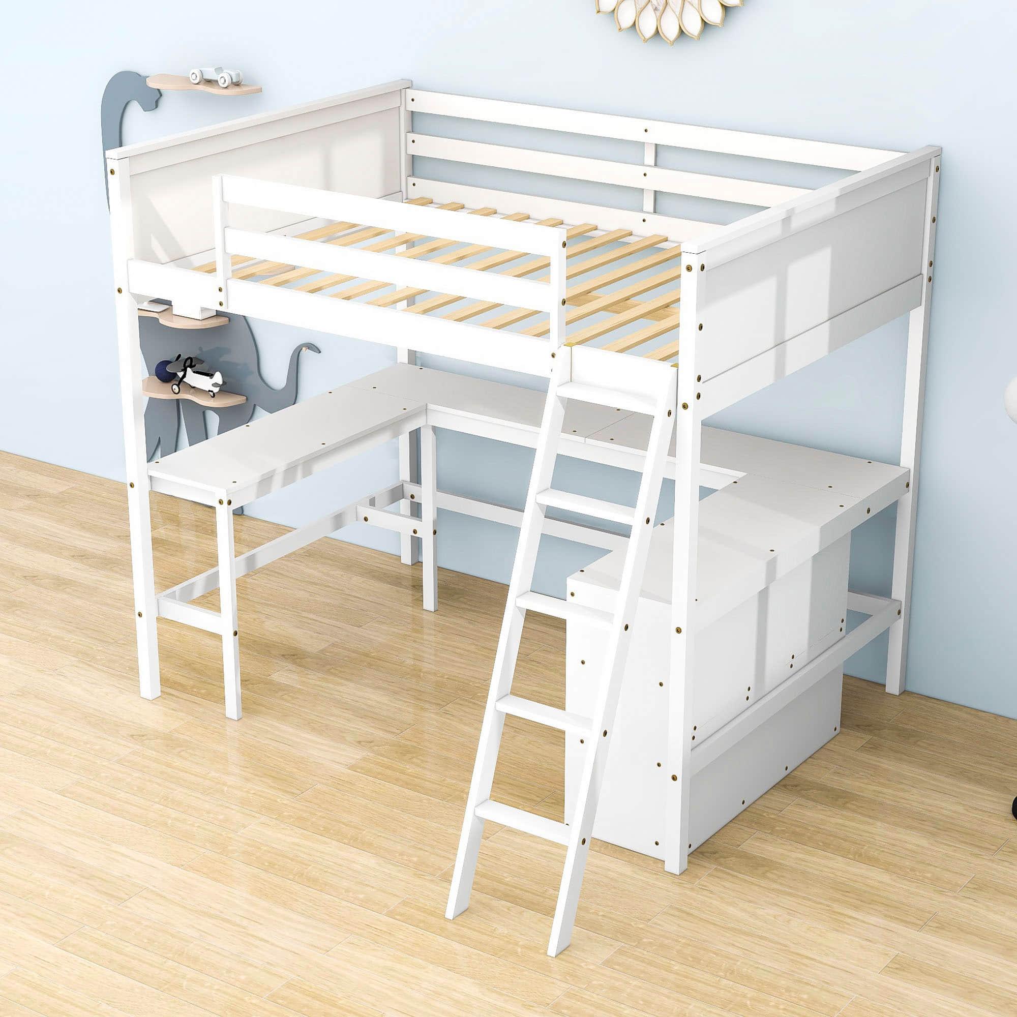 Full Size Convertible High Loft Bed with Desk and Shelves - [Cabinet, Wood]