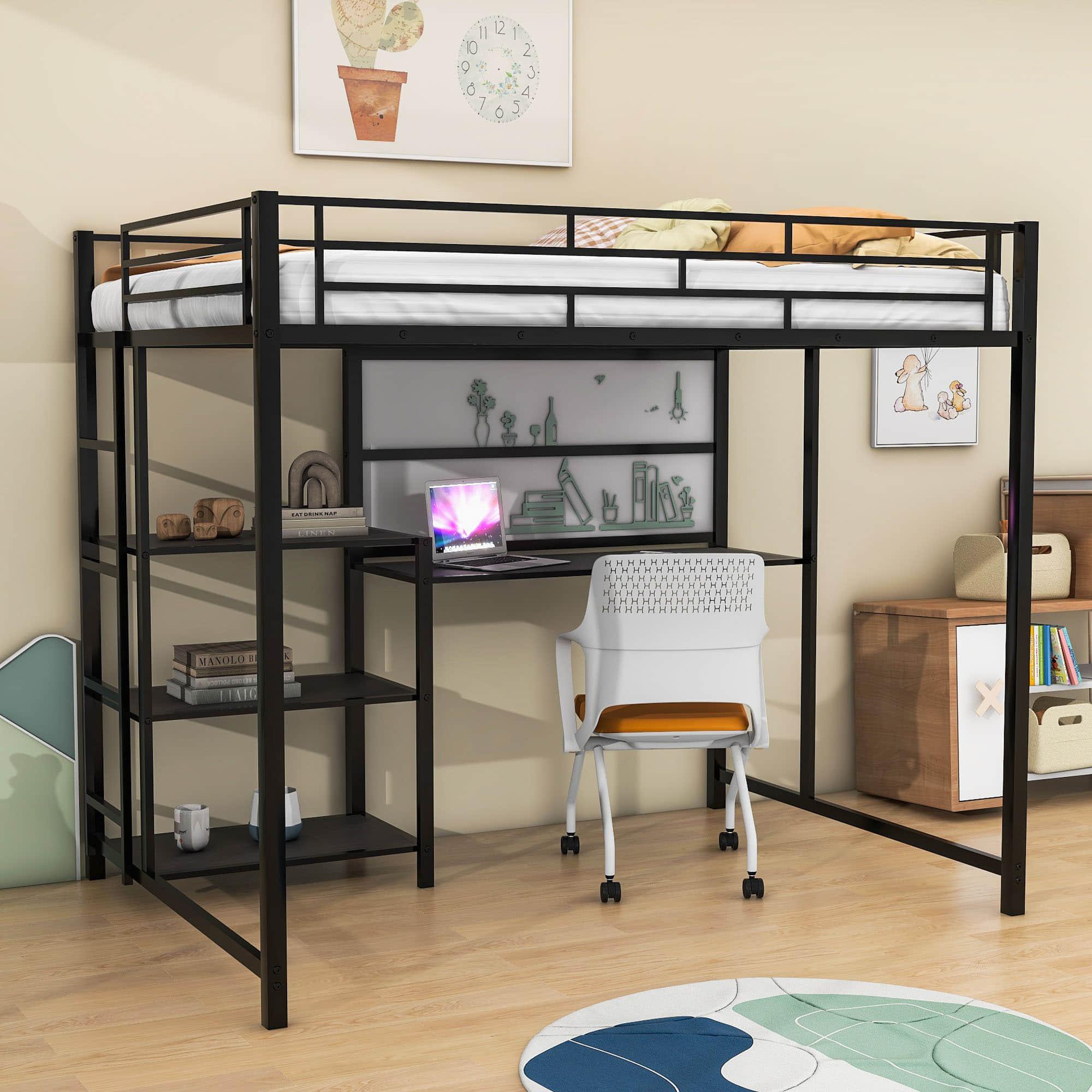 Full Size Metal Loft Bed with Desk and Storage Shelves for Adults, Kids