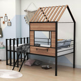 Kids Metal Low Twin Tree House Loft Bed with Window, Roof