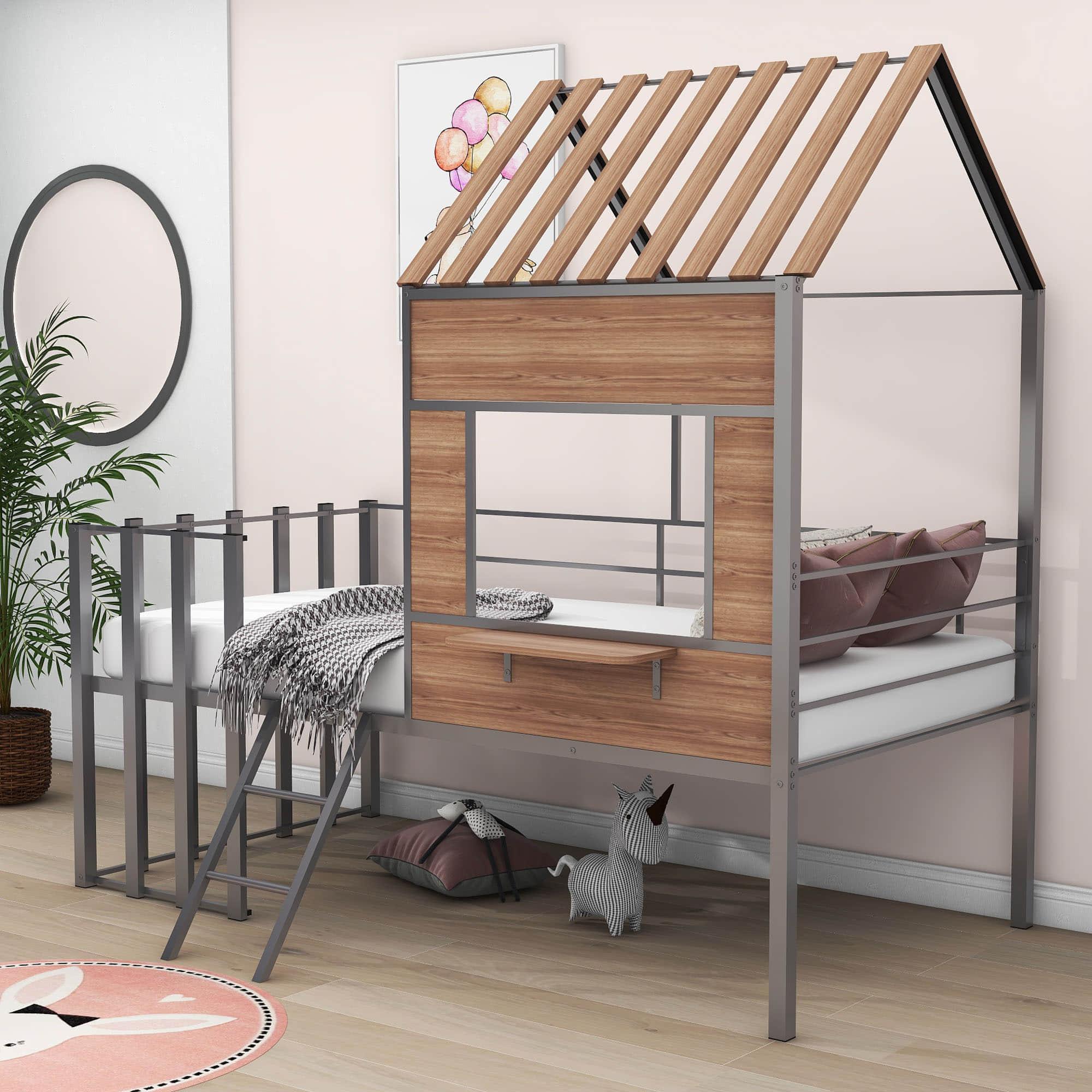 Kids Metal Low Twin Tree House Loft Bed with Window, Roof