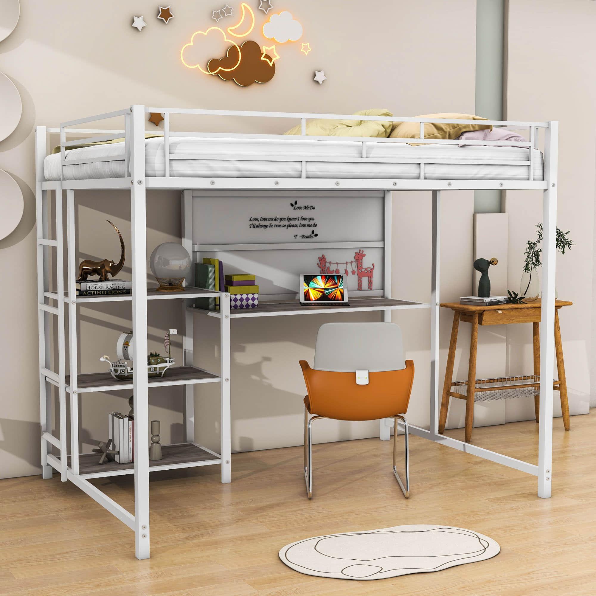 Full Size Metal Loft Bed with Desk and Storage Shelves for Adults, Kids