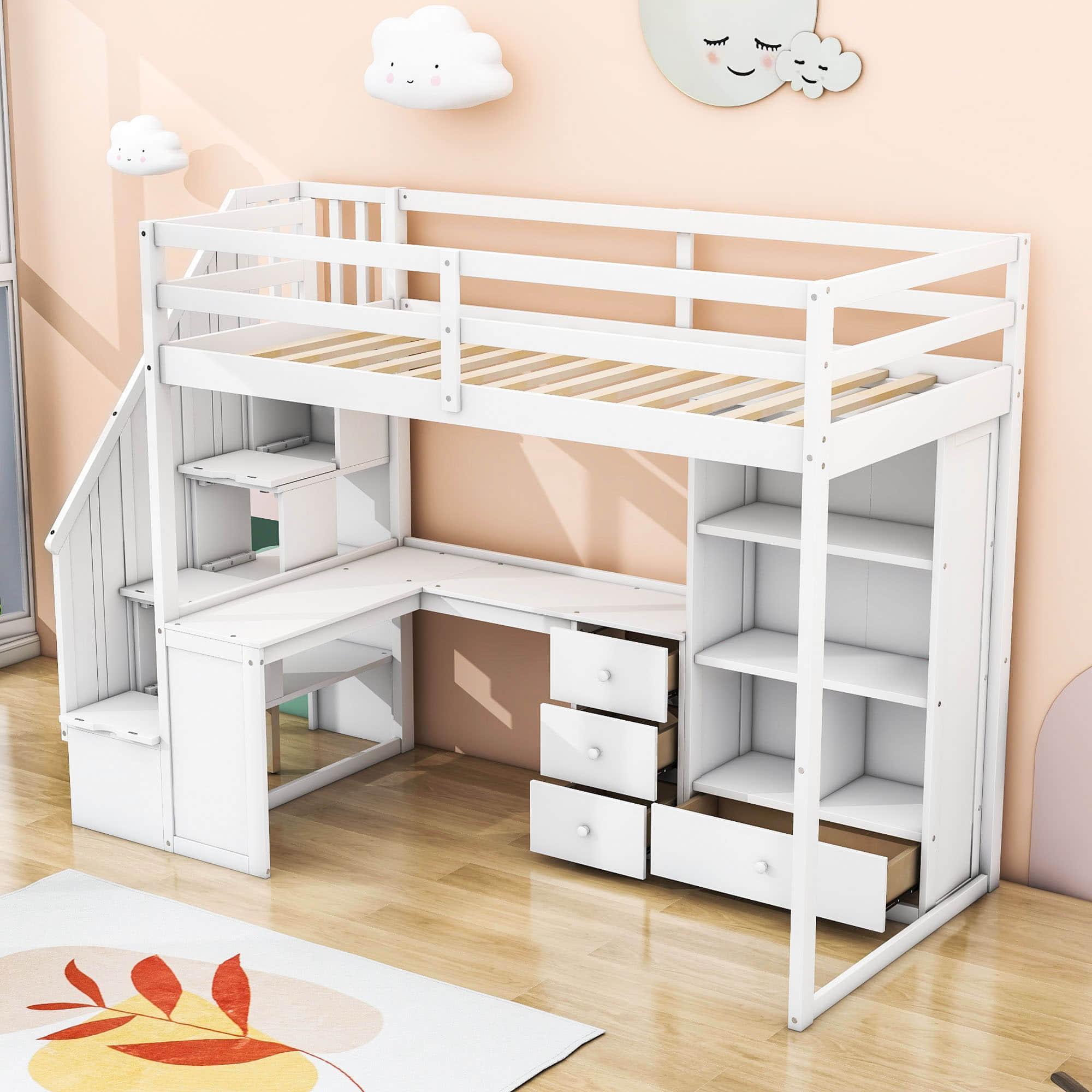 Twin Loft Bed with Desk and Stairs, Storage for Kids, Teens - [Wood]