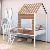 Kids Metal Low Twin Tree House Loft Bed with Window, Roof