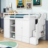 Medium Twin Loft Bed with Stairs and Storage - [Wood, Drawers, Wardrobe, Shelves]