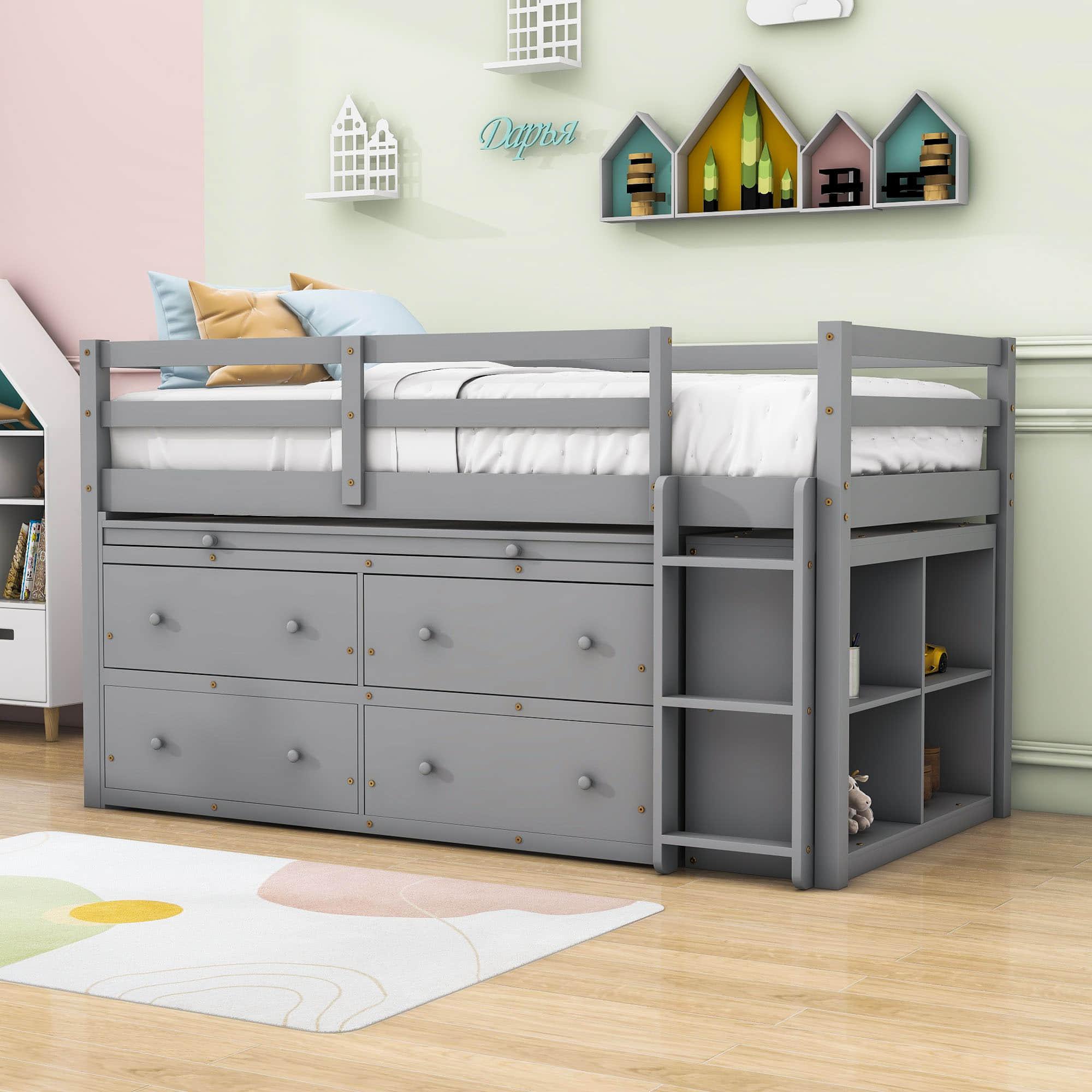 Low Twin Loft Bed with Desk and Storage Drawers for Kids, Toddler