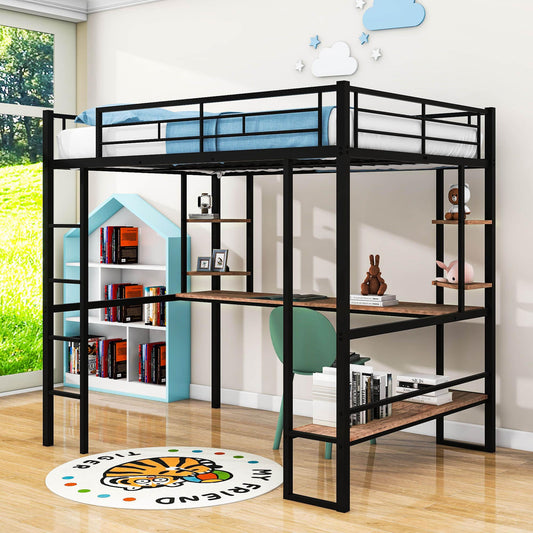 Modern Metal Full Size Loft Bed with Desk and Storage Shelves for Junior - [Black]