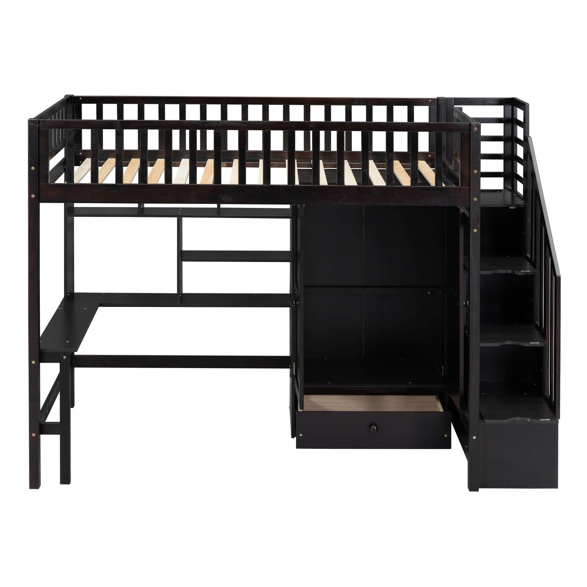 Twin Loft Bed with Desk and Storage Stairs - [Wood, Cabinet, Wardrobe, Shelves]