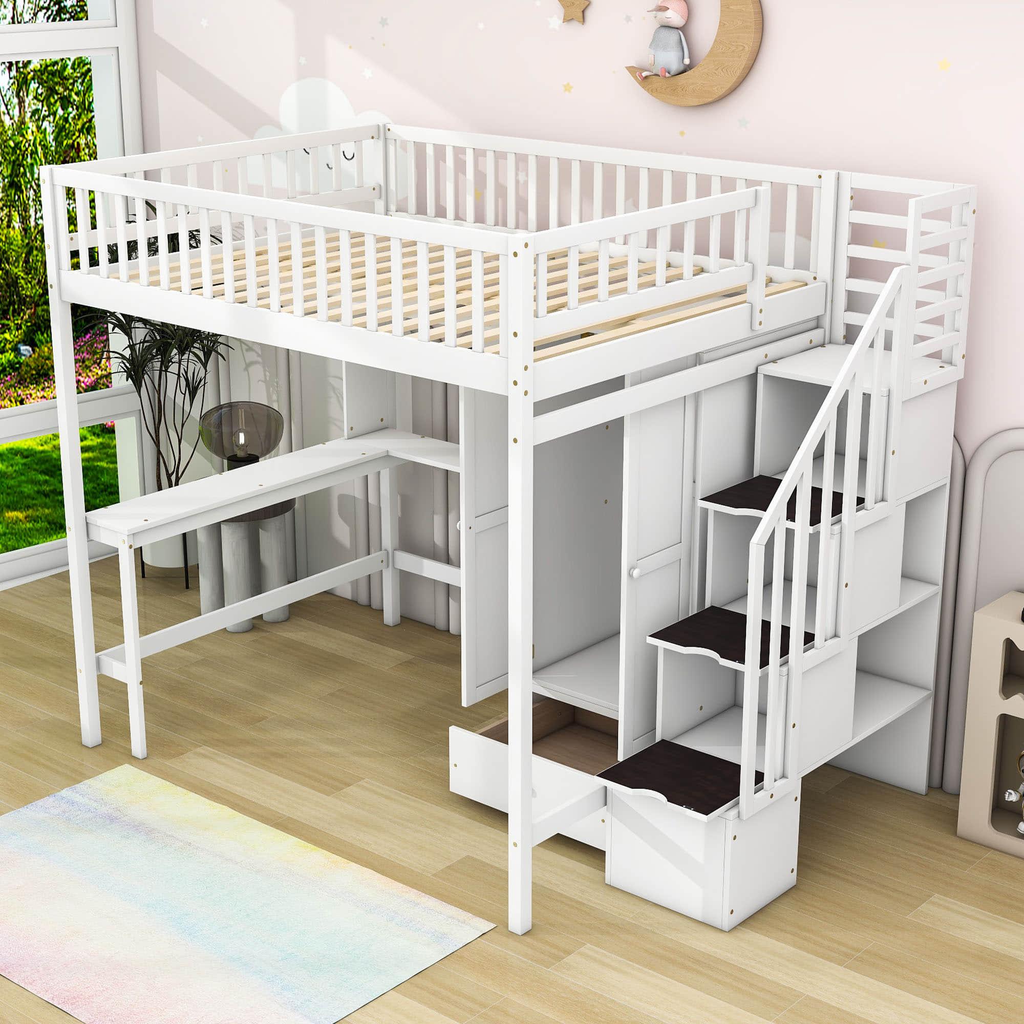 Full Size Loft Bed with Desk and Stairs, Storage - [Wood, Drawers, Wardrobe, Shelves]