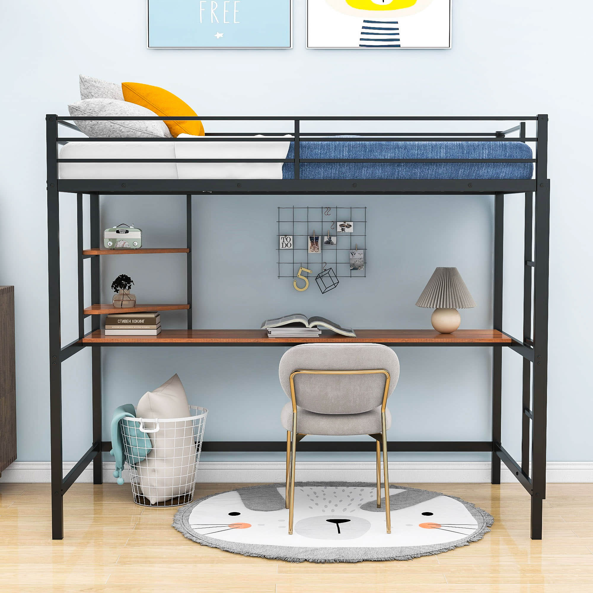 Metal Twin Loft Bed with Desk and Storage Shelves for Adults, Teens