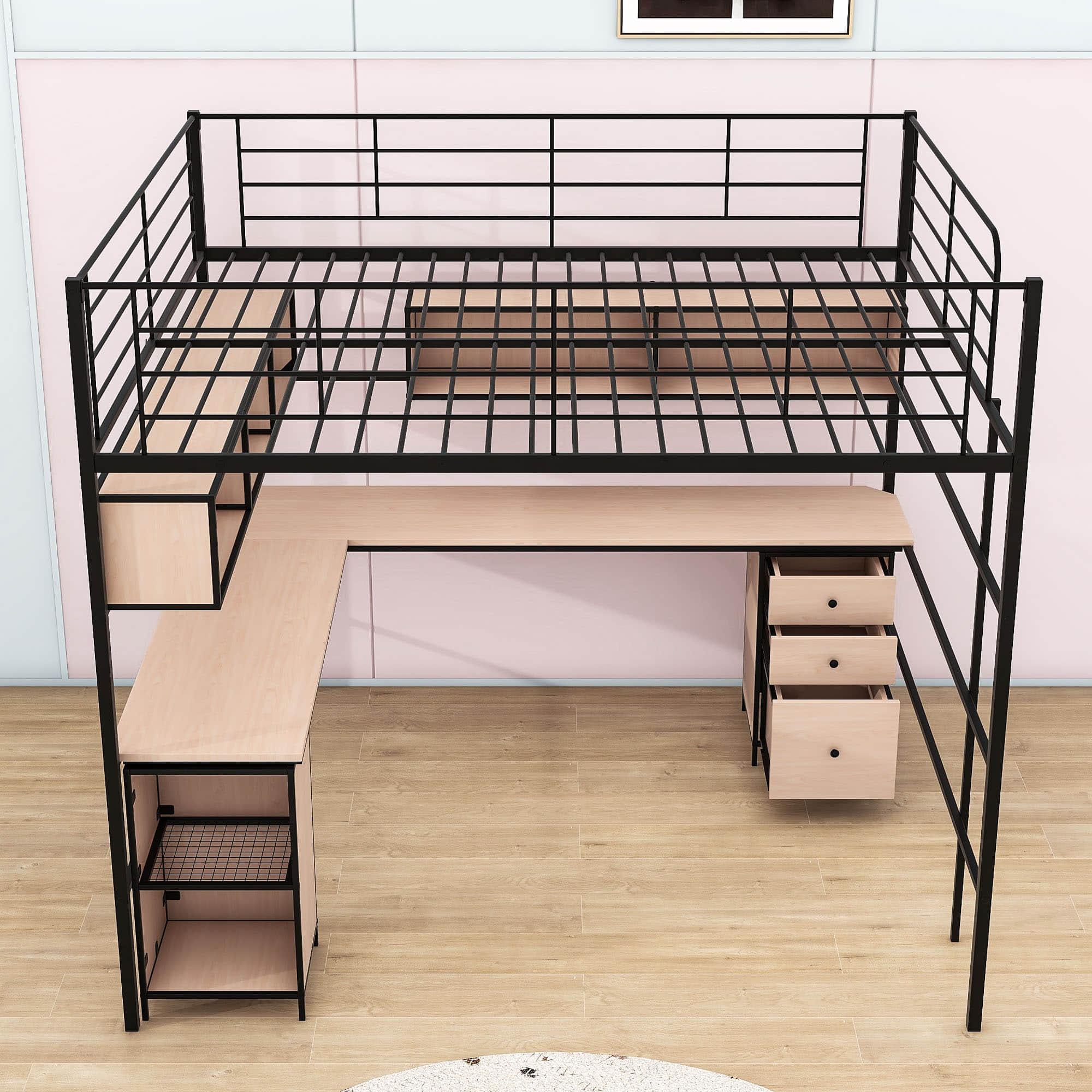 Metal Full Size Loft Bed with Desk and Storage for Adults, Teens