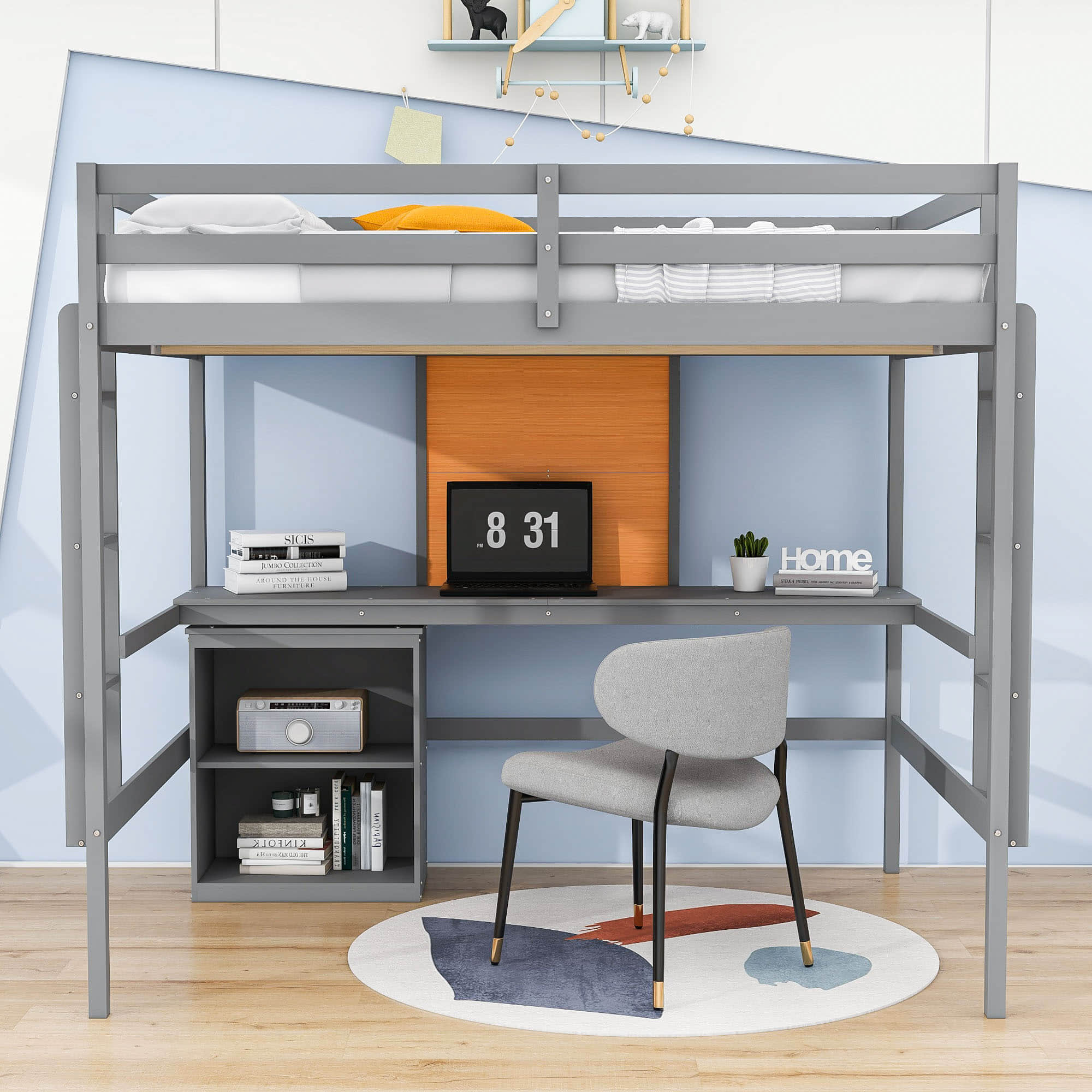 Full Size Loft Bed with Desk and Storage, Writing Board for Adults