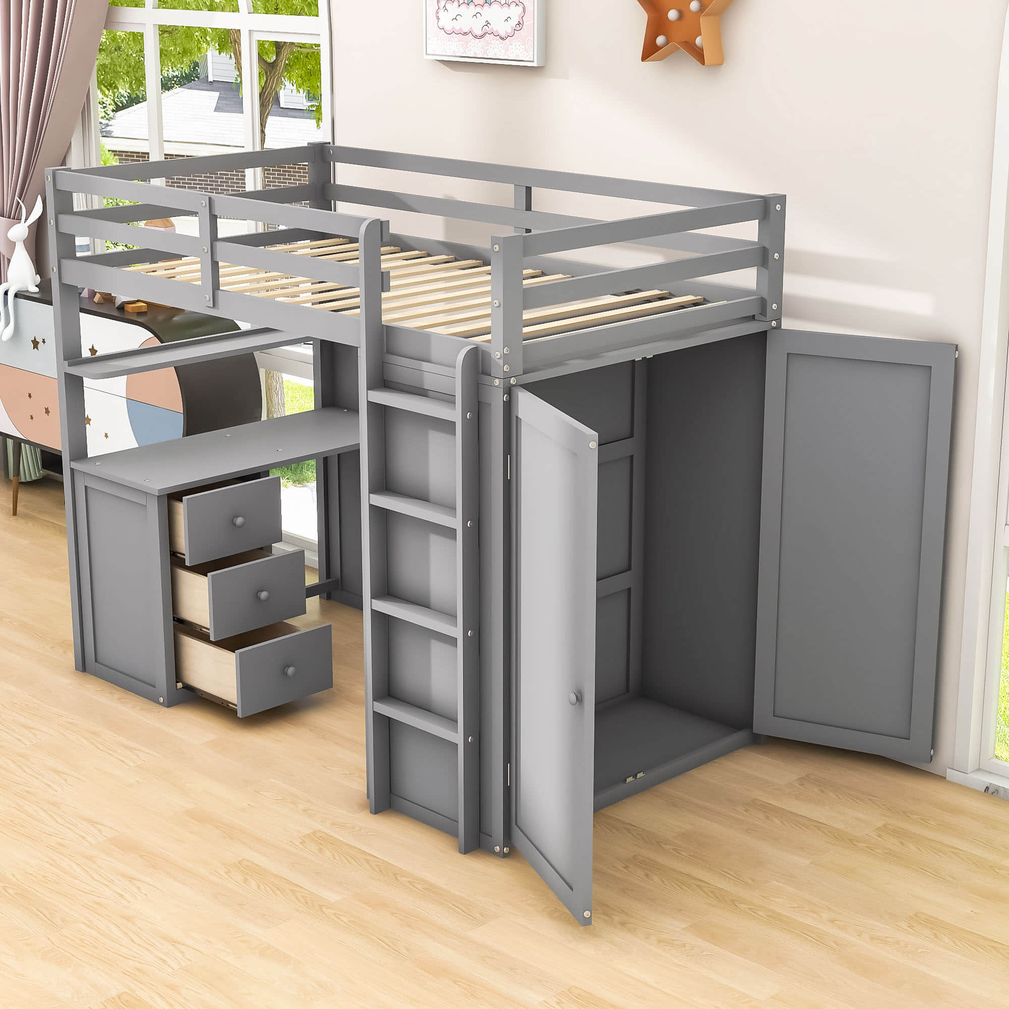 Wood Twin Loft Bed with Desk and Storage for Kids, Adults - [Wardrobe]