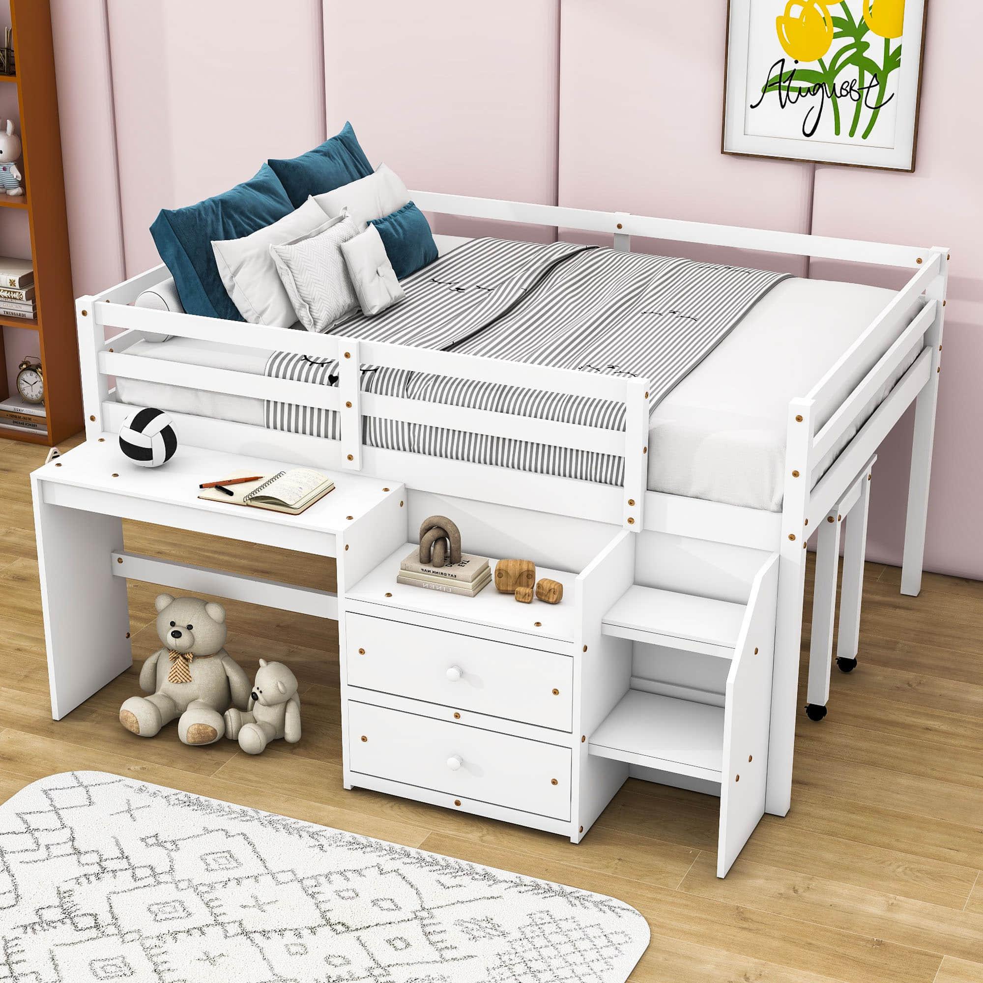 Convertible Low Full Size Kids Loft Bed with Desk, Stairs and Storage