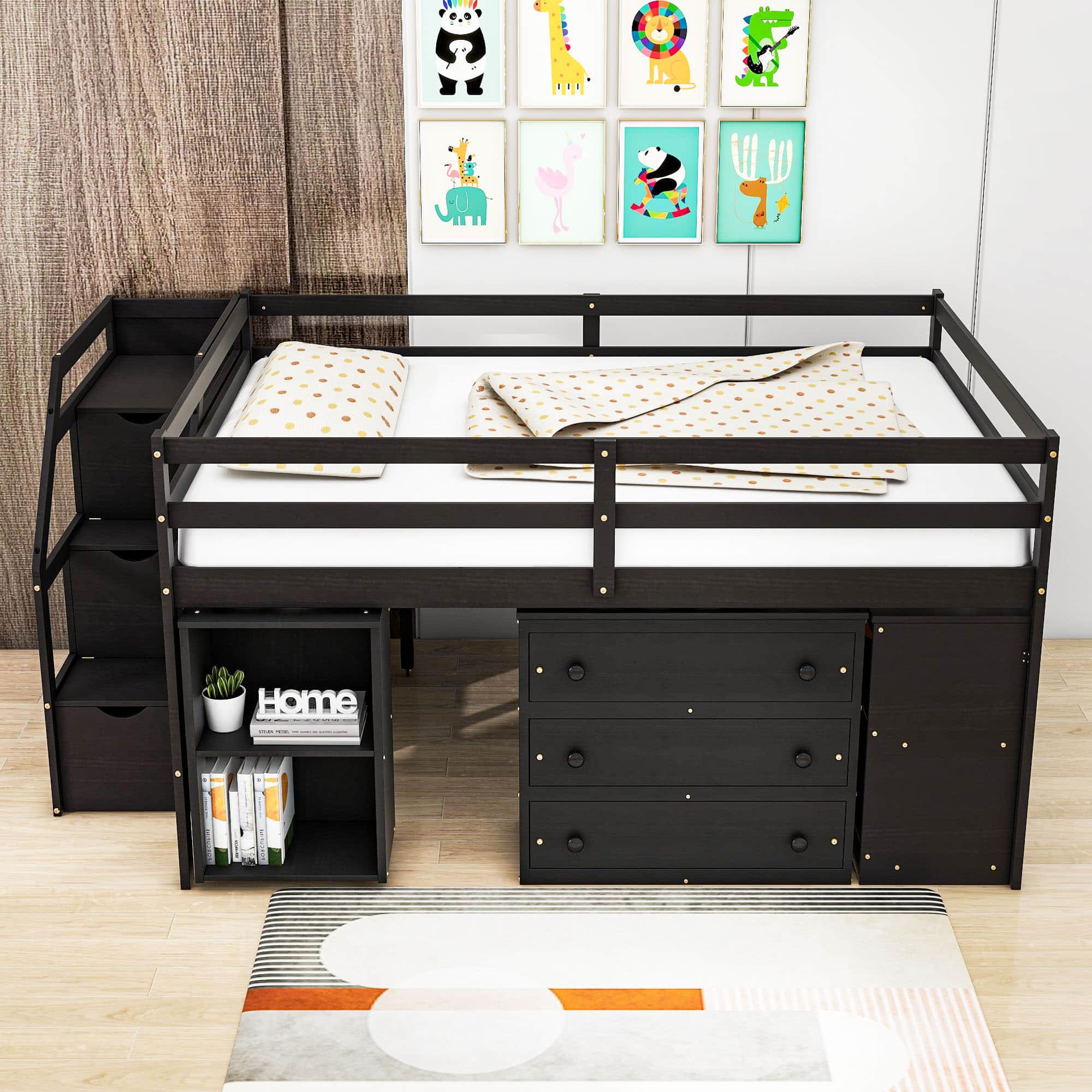 Full Size Kids Low Loft Bed with Desk and Stairs, Storage - [Dresser]