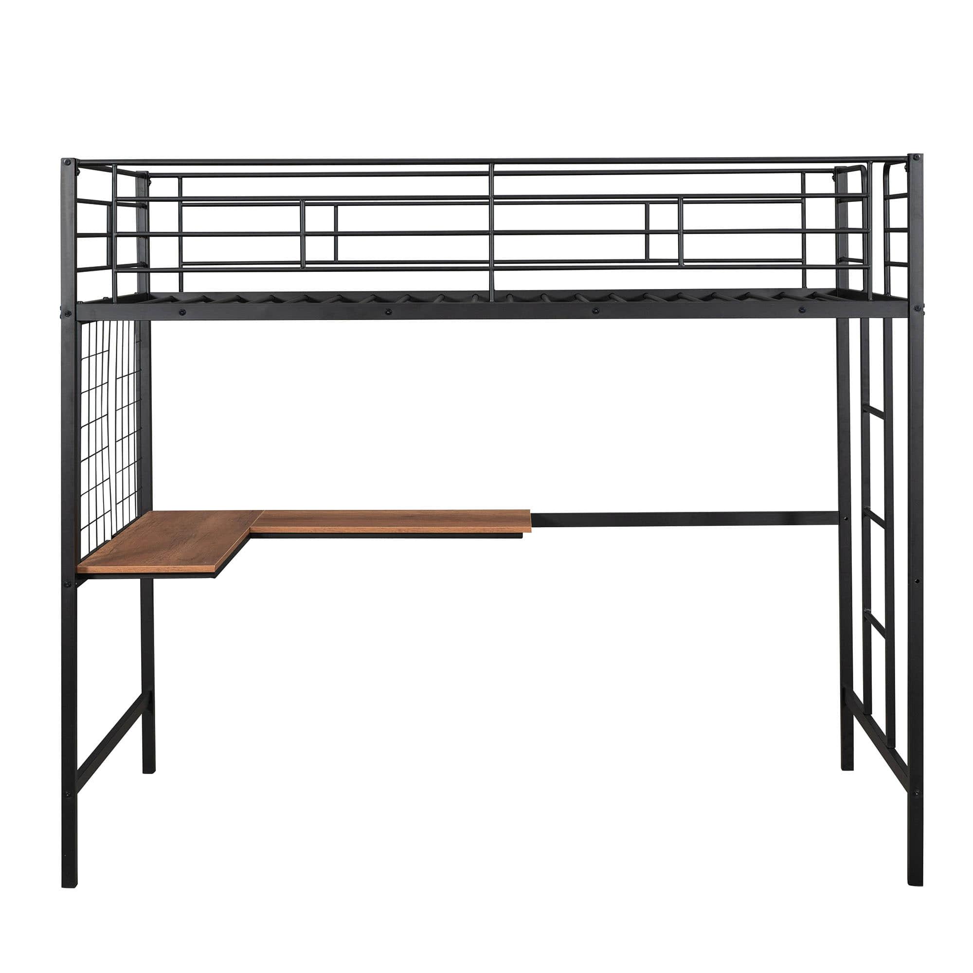 Twin Metal Loft Bed Frame with L-Shaped Desk and Grid