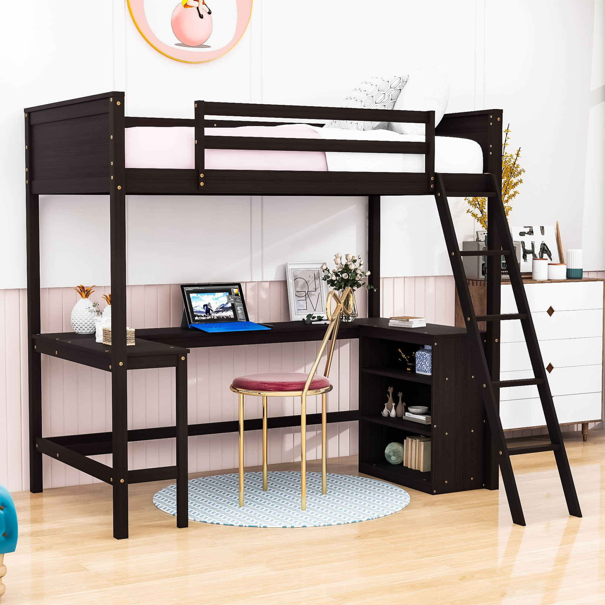 Wood Twin Size Loft Bed with Desk and Storage Shelves for Kids, Adult