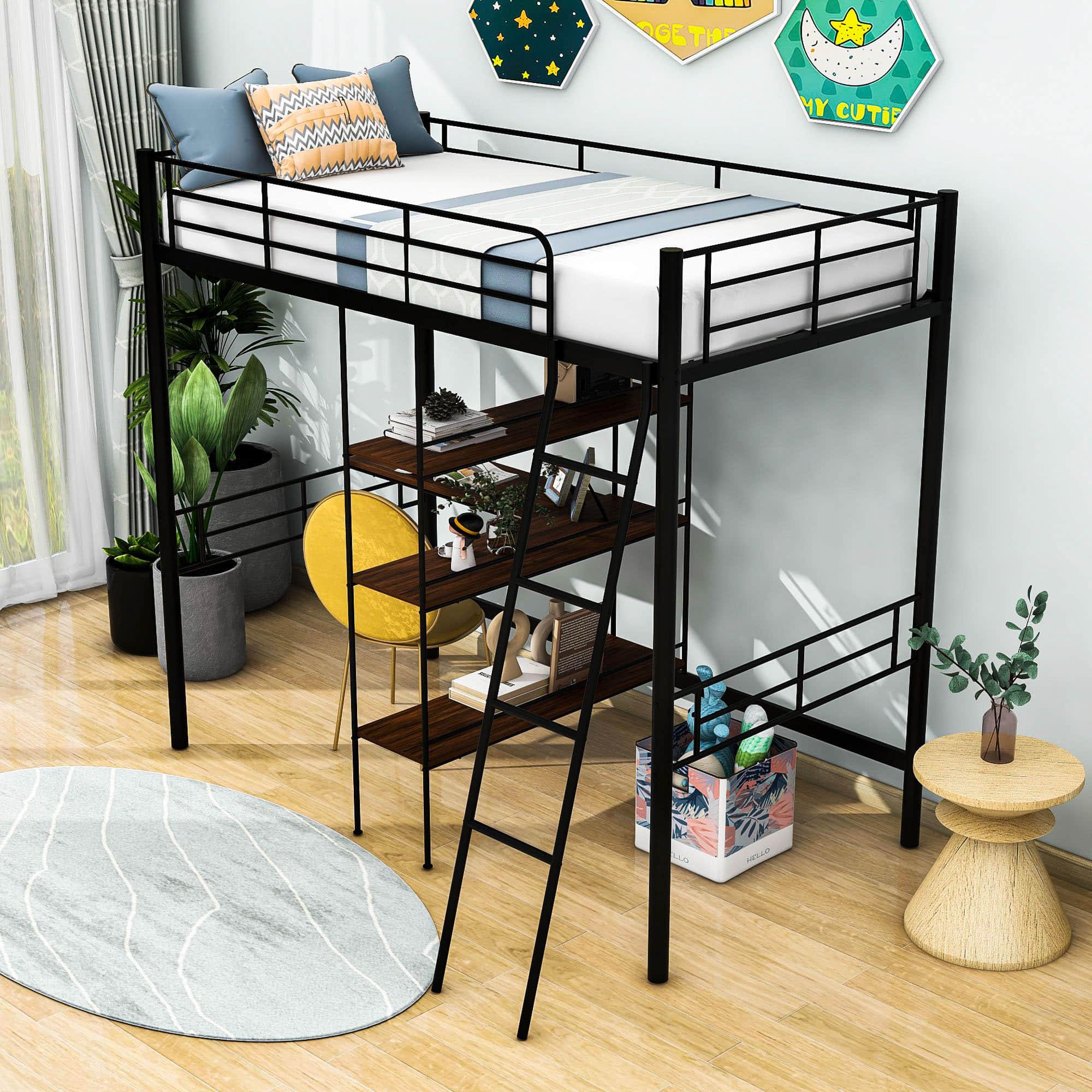 Metal Twin Loft Bed with Desk and Storage Shelves - [Wood]