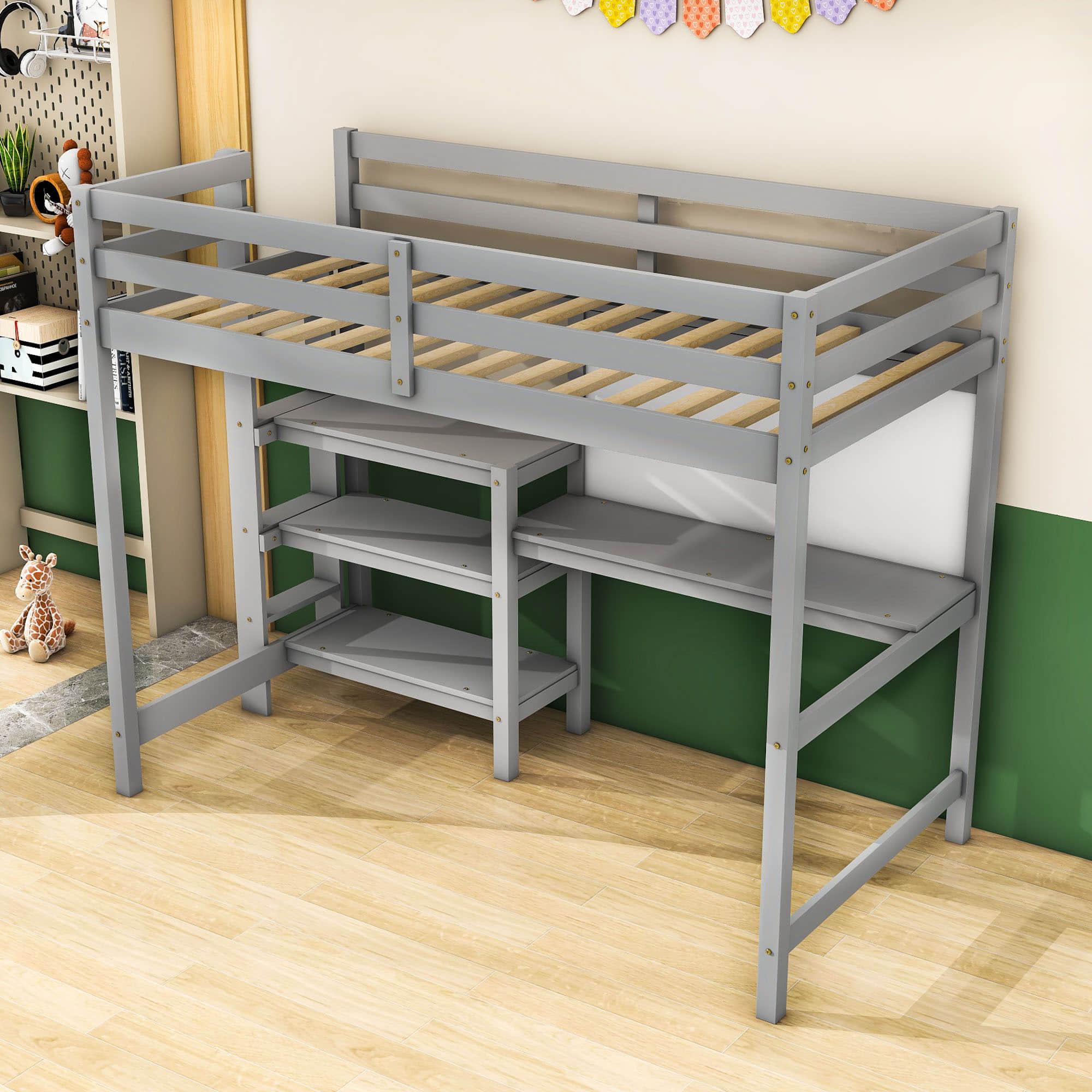 Wooden Twin Loft Bed with Desk and Storage Shelves for Adult, Kids, Junior