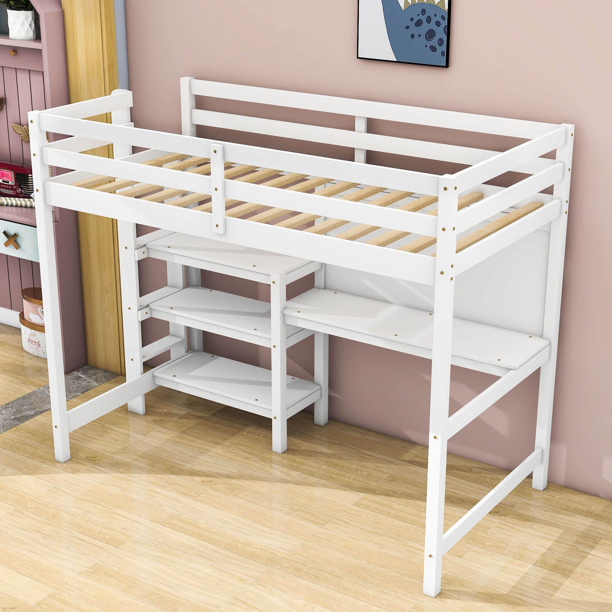 Wooden Twin Loft Bed with Desk and Storage Shelves for Adult, Kids, Junior