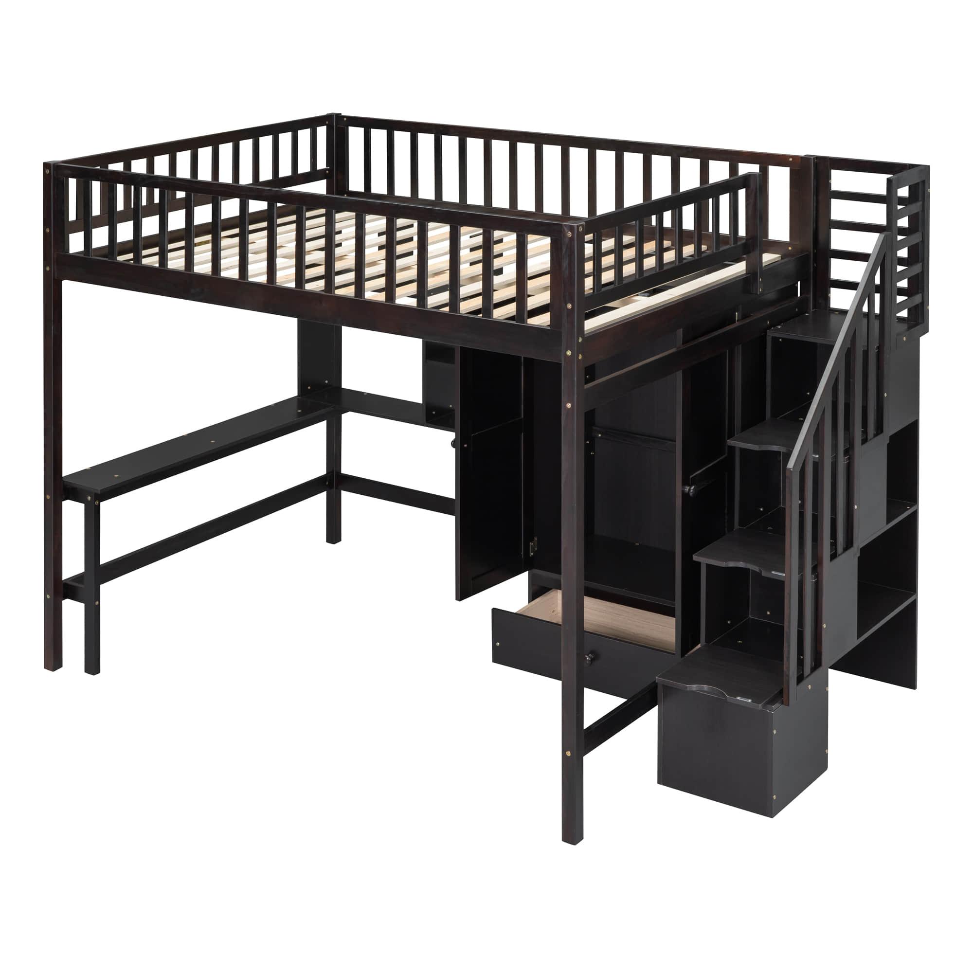 Full Size Loft Bed with Desk and Stairs, Storage - [Wood, Drawers, Wardrobe, Shelves]