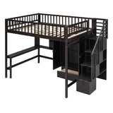 Full Size Loft Bed with Desk and Stairs, Storage - [Wood, Drawers, Wardrobe, Shelves]