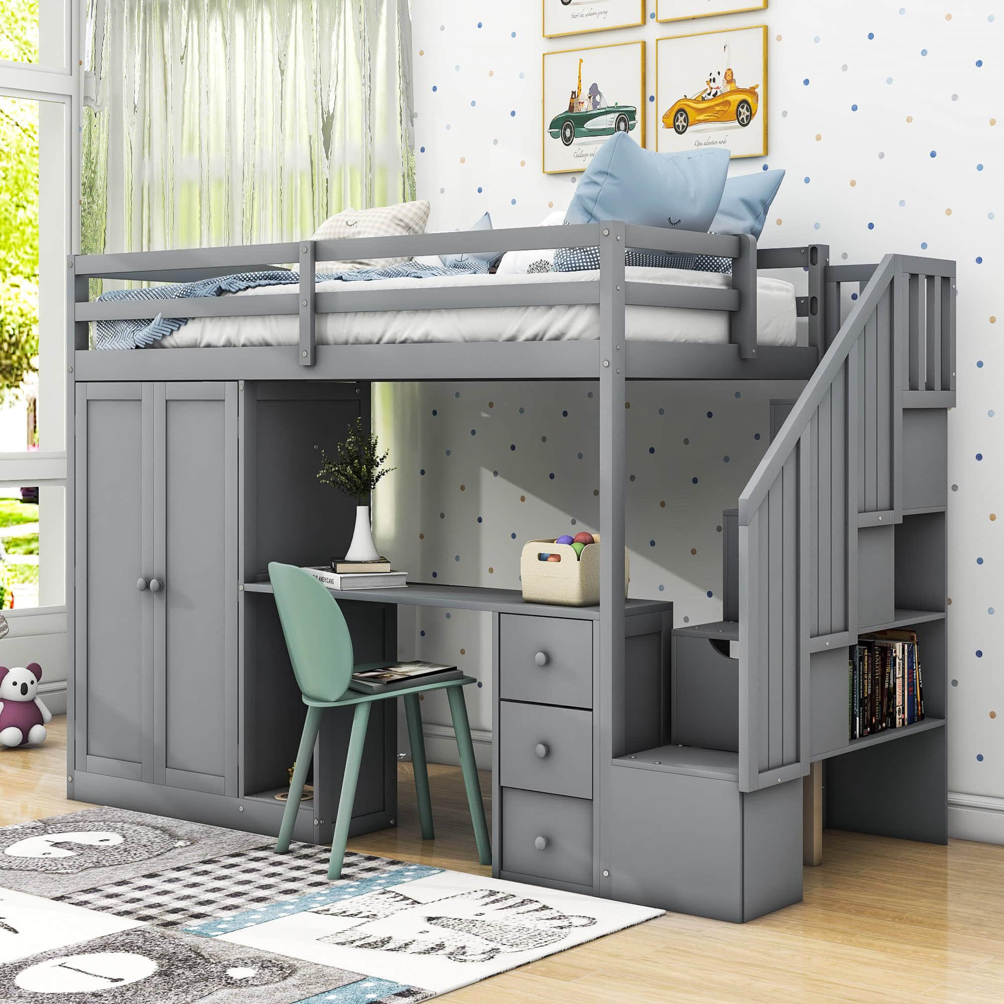 Twin Loft Bed with Desk and Storage Stairs, Drawers - [Wood, Wardrobe, Shelves]