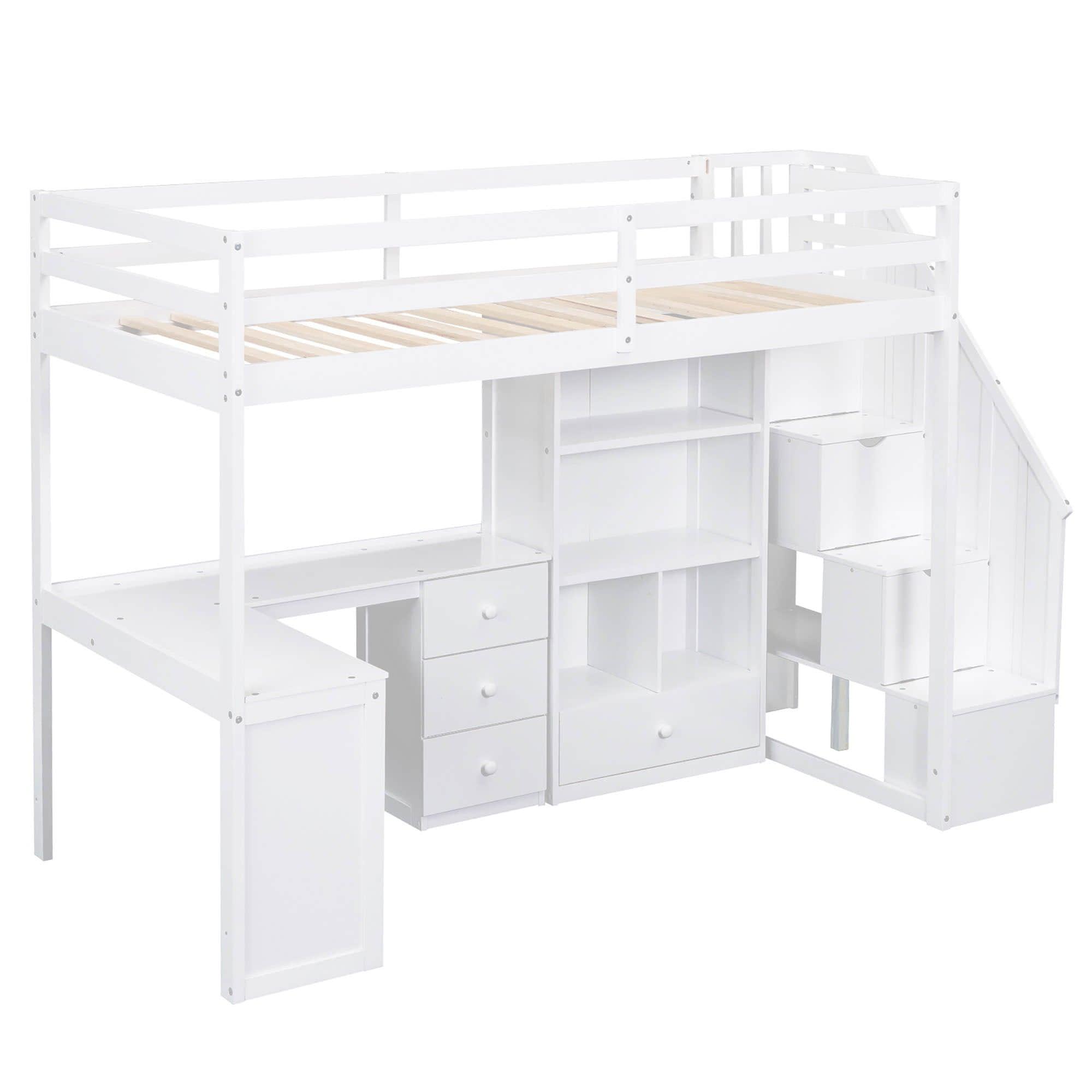 Twin Loft Bed with Desk and Stairs, Storage for Kids, Teens - [Wood]